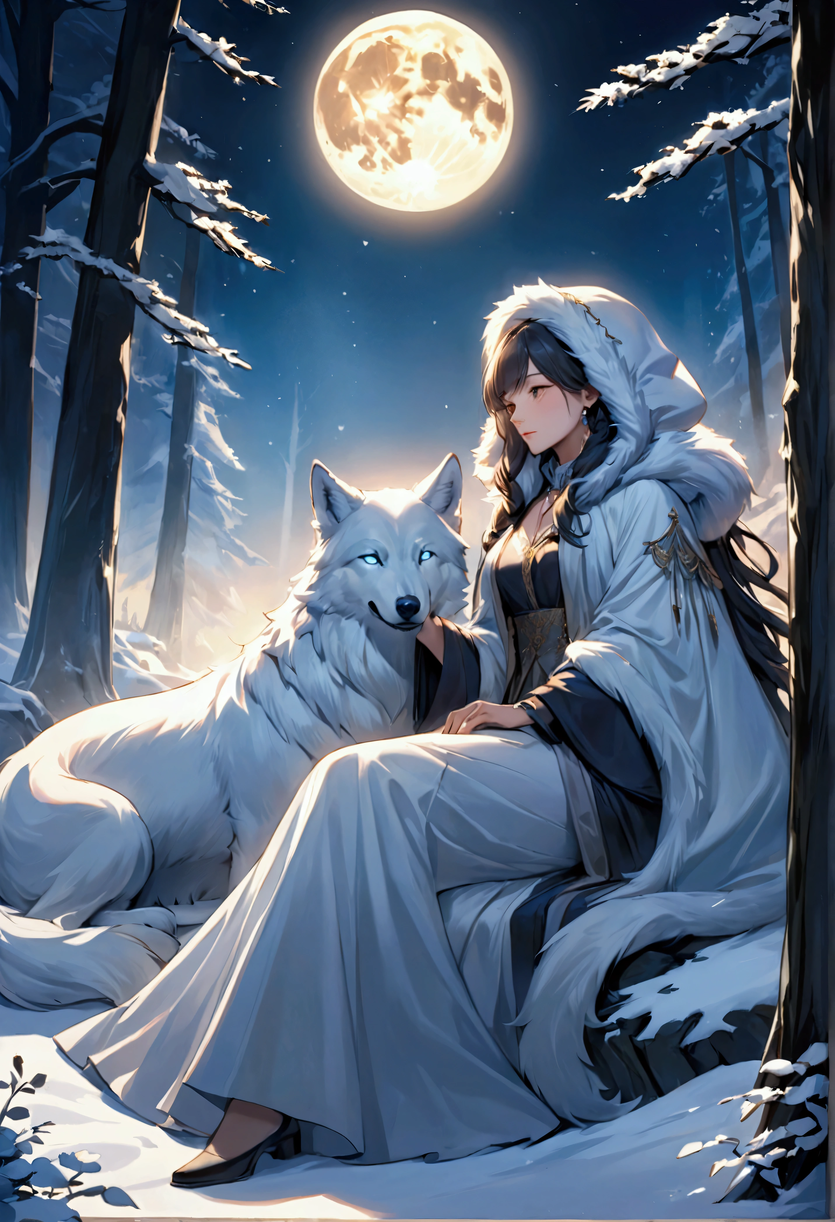 An award-winning digital masterpiece, capturing a very pretty female exotic hunter in a moment of serene relaxation under the soft glow of an ethereal full moon. Dressed in an exquisite white wolf-skin coat with a fur-lined hood, she exudes both elegance and strength, her coat blending seamlessly with the snow-covered wilderness around her. She rests her hand on an old-world rifle, its antique craftsmanship adding a sense of history and tradition to her persona.

Beside her sits her loyal companion, a majestic white dire wolf, its massive form illuminated by the moonlight. The dire wolf, with its powerful build and shimmering white fur, lounges calmly by her side, its piercing eyes reflecting the tranquil beauty of the night. The bond between them is palpable, as they share this rare moment of peace amidst the wild, their companionship unspoken but deeply felt.

The ethereal full moon casts a soft, glowing light across the scene, creating long shadows that dance across the snow. The surrounding landscape, with frost-covered trees and a blanket of snow, enhances the tranquil atmosphere, while delicate mist swirls around them, adding an otherworldly quality. The moonlight reflects off the hunter’s coat and the dire wolf’s fur, highlighting their regal presence in the wilderness.

The composition is a perfect blend of beauty, power, and serenity, with the hunter and her dire wolf sharing a quiet, intimate moment under the moon’s gentle glow. The intricate details of the old-world rifle, the wolf-skin coat, and the mystical landscape create a visually stunning portrayal of a hunter deeply connected to both her past and her loyal companion.