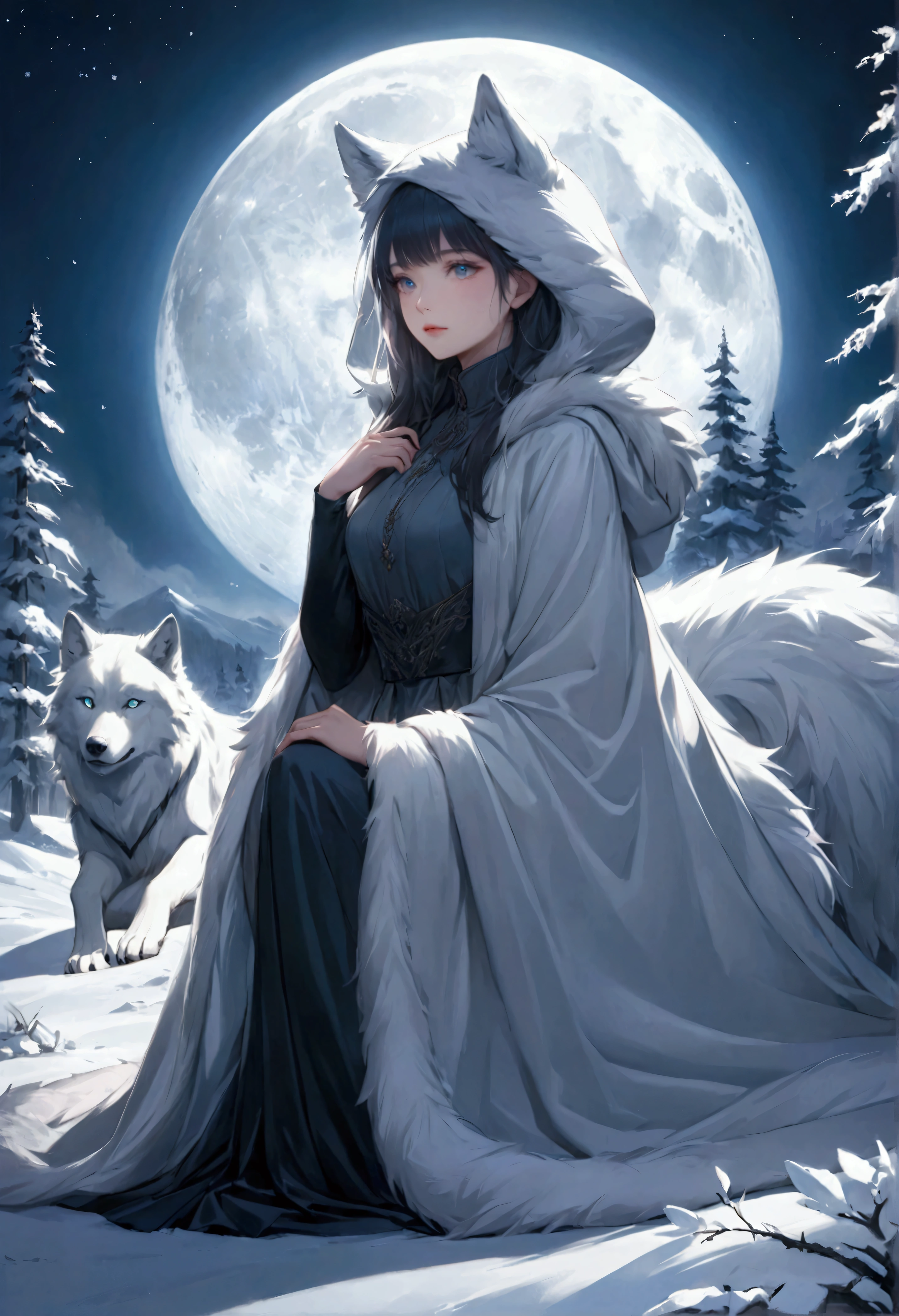 An award-winning digital masterpiece, capturing a very pretty female exotic hunter in a moment of serene relaxation under the soft glow of an ethereal full moon. Dressed in an exquisite white wolf-skin coat with a fur-lined hood, she exudes both elegance and strength, her coat blending seamlessly with the snow-covered wilderness around her. She rests her hand on an old-world rifle, its antique craftsmanship adding a sense of history and tradition to her persona.

Beside her sits her loyal companion, a majestic white dire wolf, its massive form illuminated by the moonlight. The dire wolf, with its powerful build and shimmering white fur, lounges calmly by her side, its piercing eyes reflecting the tranquil beauty of the night. The bond between them is palpable, as they share this rare moment of peace amidst the wild, their companionship unspoken but deeply felt.

The ethereal full moon casts a soft, glowing light across the scene, creating long shadows that dance across the snow. The surrounding landscape, with frost-covered trees and a blanket of snow, enhances the tranquil atmosphere, while delicate mist swirls around them, adding an otherworldly quality. The moonlight reflects off the hunter’s coat and the dire wolf’s fur, highlighting their regal presence in the wilderness.

The composition is a perfect blend of beauty, power, and serenity, with the hunter and her dire wolf sharing a quiet, intimate moment under the moon’s gentle glow. The intricate details of the old-world rifle, the wolf-skin coat, and the mystical landscape create a visually stunning portrayal of a hunter deeply connected to both her past and her loyal companion.