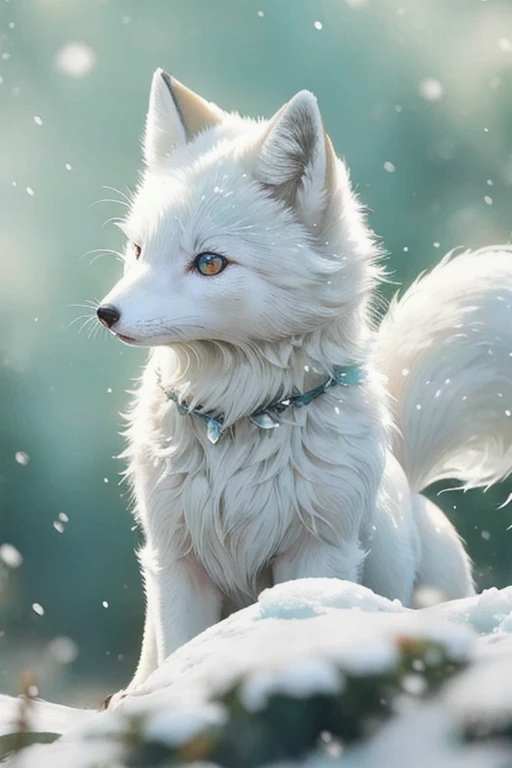 arctic fox,Thick snow,Catching up,mouse,Act quickly,Fluffy tail,Sharp Teeth,Strong gaze,White fur,Ice blue eyes,wind,Sub-zero temperatures,白雪皑皑的wind景