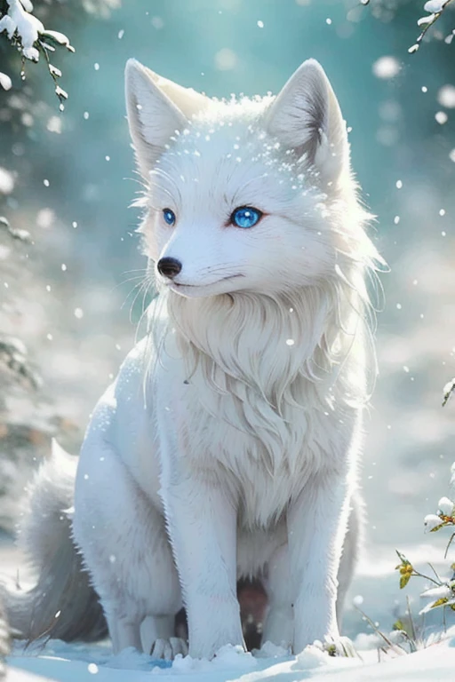 arctic fox,Thick snow,Catching up,mouse,Act quickly,Fluffy tail,Sharp Teeth,Strong gaze,White fur,Ice blue eyes,wind,Sub-zero temperatures,白雪皑皑的wind景