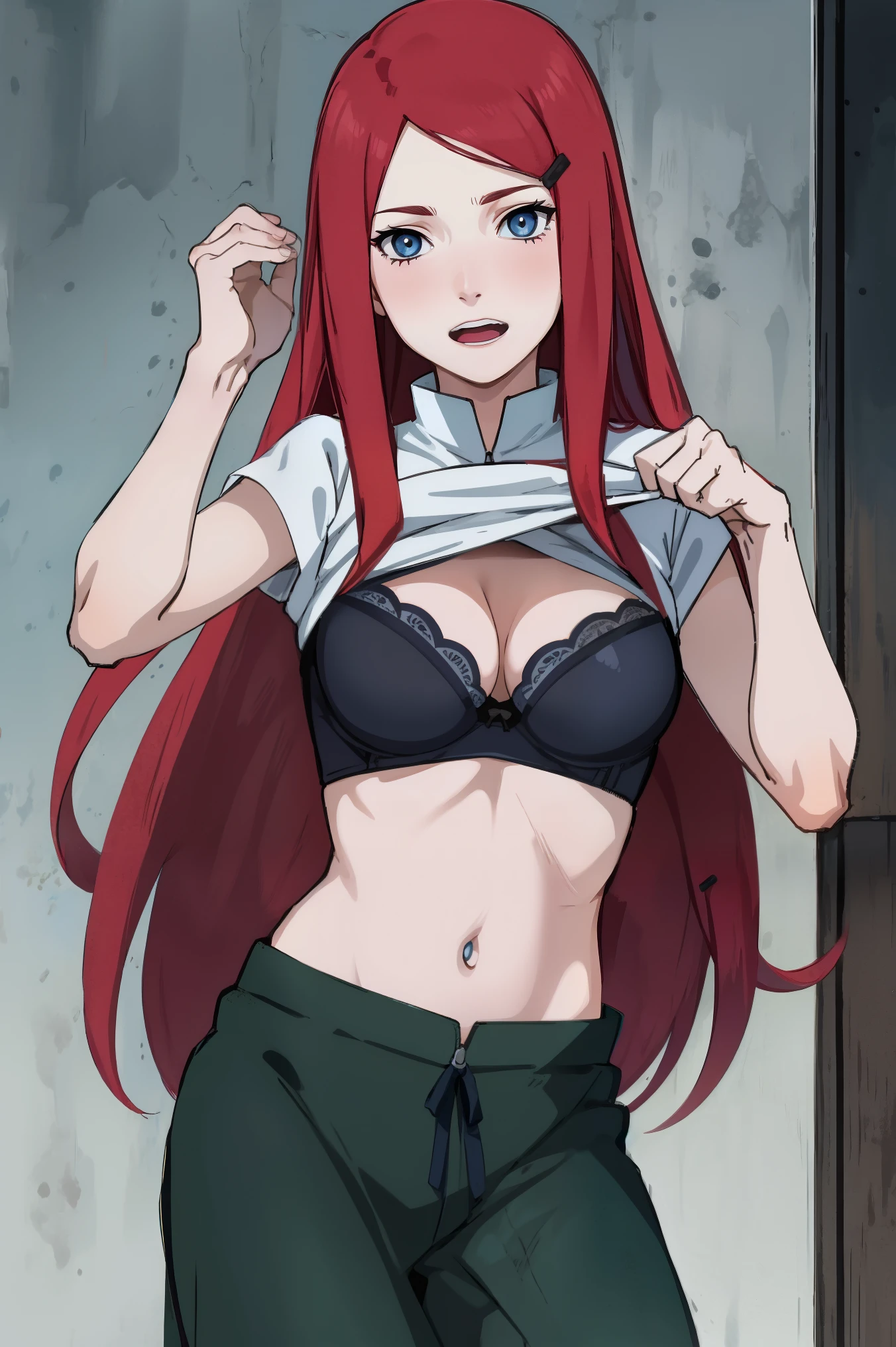 kushina, kushina, long hair, hair ornament, red hair, red head, hairclip, lifting shirt showing bra blue eyes