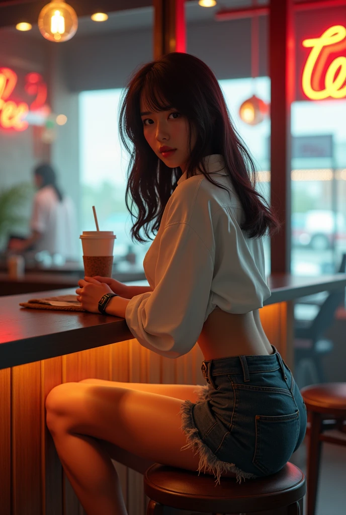 21 year old Indonesian woman in long white shirt with buttons unbuttoned black underwear, jeans shorts, white shoes standing inside Starbucks cafe at night. realistic image, 4K HDR quality, DSLR bokeh effect