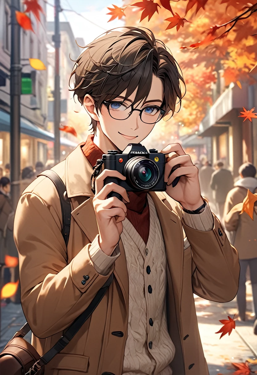 masterpiece, Attention to detail, High resolution, RTTX 10.0, 8k, high quality, season　autumnの、Staring at the audience、Official Art、Cute anime style、1 male、alone、Glasses、smile、focus、Have a camera、Camera in hand、Taking a photo、Fashionable clothes、autumn、autumn leaves、warm