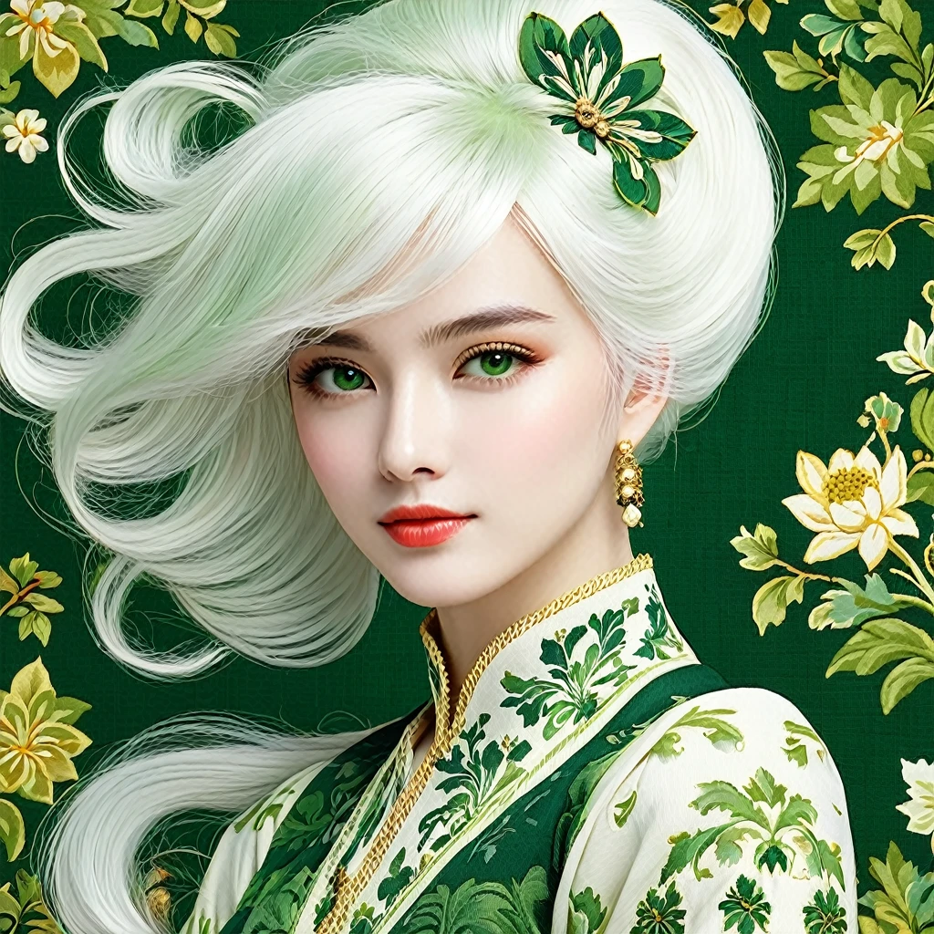 a green girl with white hair in ths_tapestry style