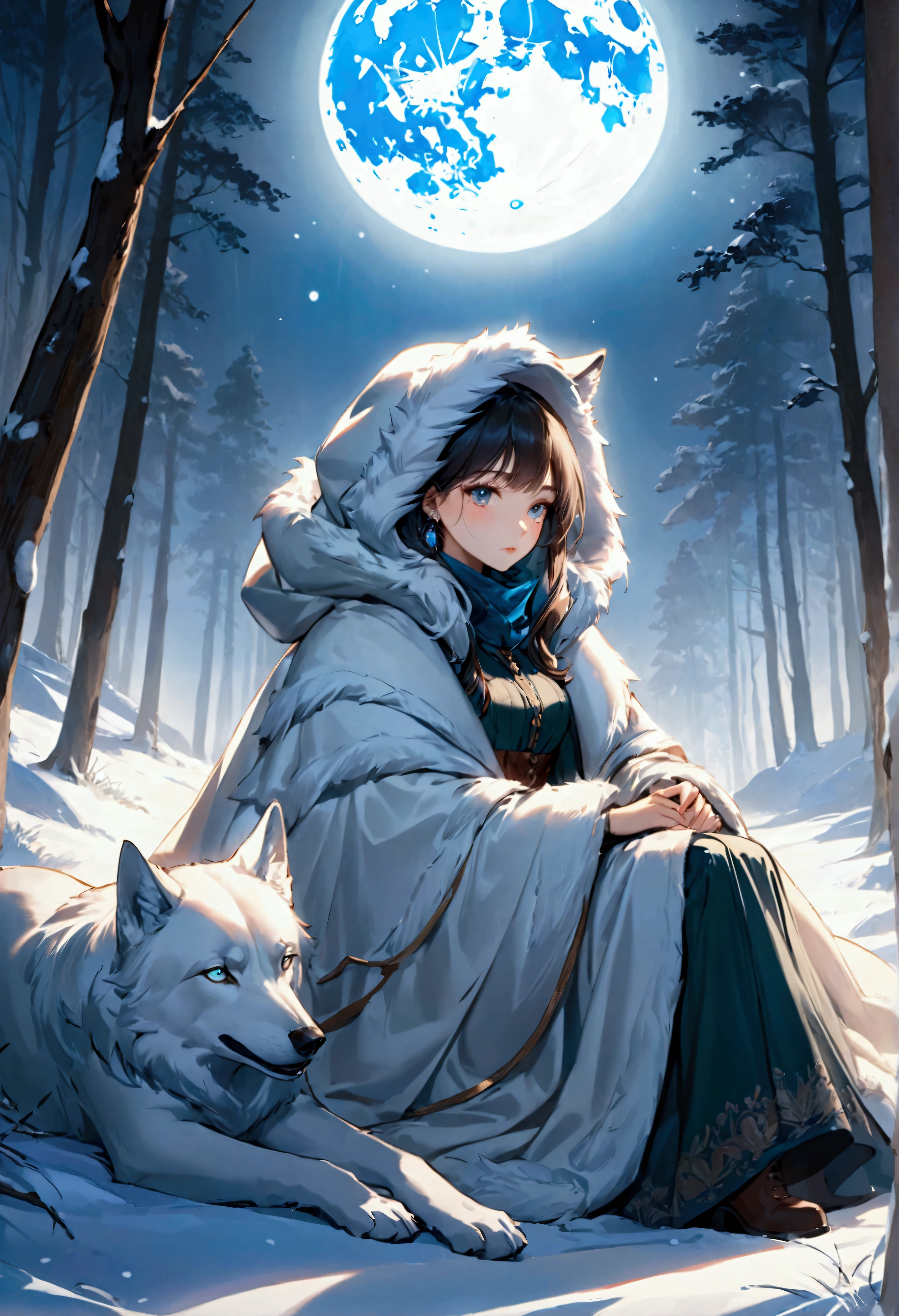 An award-winning digital masterpiece, capturing a very pretty female exotic hunter in a moment of serene relaxation under the soft glow of an ethereal full moon. Dressed in an exquisite white wolf-skin coat with a fur-lined hood, she exudes both elegance and strength, her coat blending seamlessly with the snow-covered wilderness around her. She rests her hand on an old-world rifle, its antique craftsmanship adding a sense of history and tradition to her persona.

Beside her sits her loyal companion, a majestic white dire wolf, its massive form illuminated by the moonlight. The dire wolf, with its powerful build and shimmering white fur, lounges calmly by her side, its piercing eyes reflecting the tranquil beauty of the night. The bond between them is palpable, as they share this rare moment of peace amidst the wild, their companionship unspoken but deeply felt.

The ethereal full moon casts a soft, glowing light across the scene, creating long shadows that dance across the snow. The surrounding landscape, with frost-covered trees and a blanket of snow, enhances the tranquil atmosphere, while delicate mist swirls around them, adding an otherworldly quality. The moonlight reflects off the hunter’s coat and the dire wolf’s fur, highlighting their regal presence in the wilderness.

The composition is a perfect blend of beauty, power, and serenity, with the hunter and her dire wolf sharing a quiet, intimate moment under the moon’s gentle glow. The intricate details of the old-world rifle, the wolf-skin coat, and the mystical landscape create a visually stunning portrayal of a hunter deeply connected to both her past and her loyal companion.