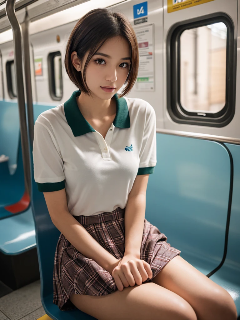 tmasterpiece,super high image quality,真实感,Three-dimensional feeling,physically-based renderingt,8K,Short black shoulder-length hair,A female high school student,Chinese face,Medium height,with a good figure,adolable,Uniform skirts,Polo shirt,Manteau,leisure wear,Face-to-face perspective,Front Shooting,Sit in a subway seat,fully body photo,ssmile,slightly red face,The background is real,Look at the audience,Well laid out,SLR shooting,