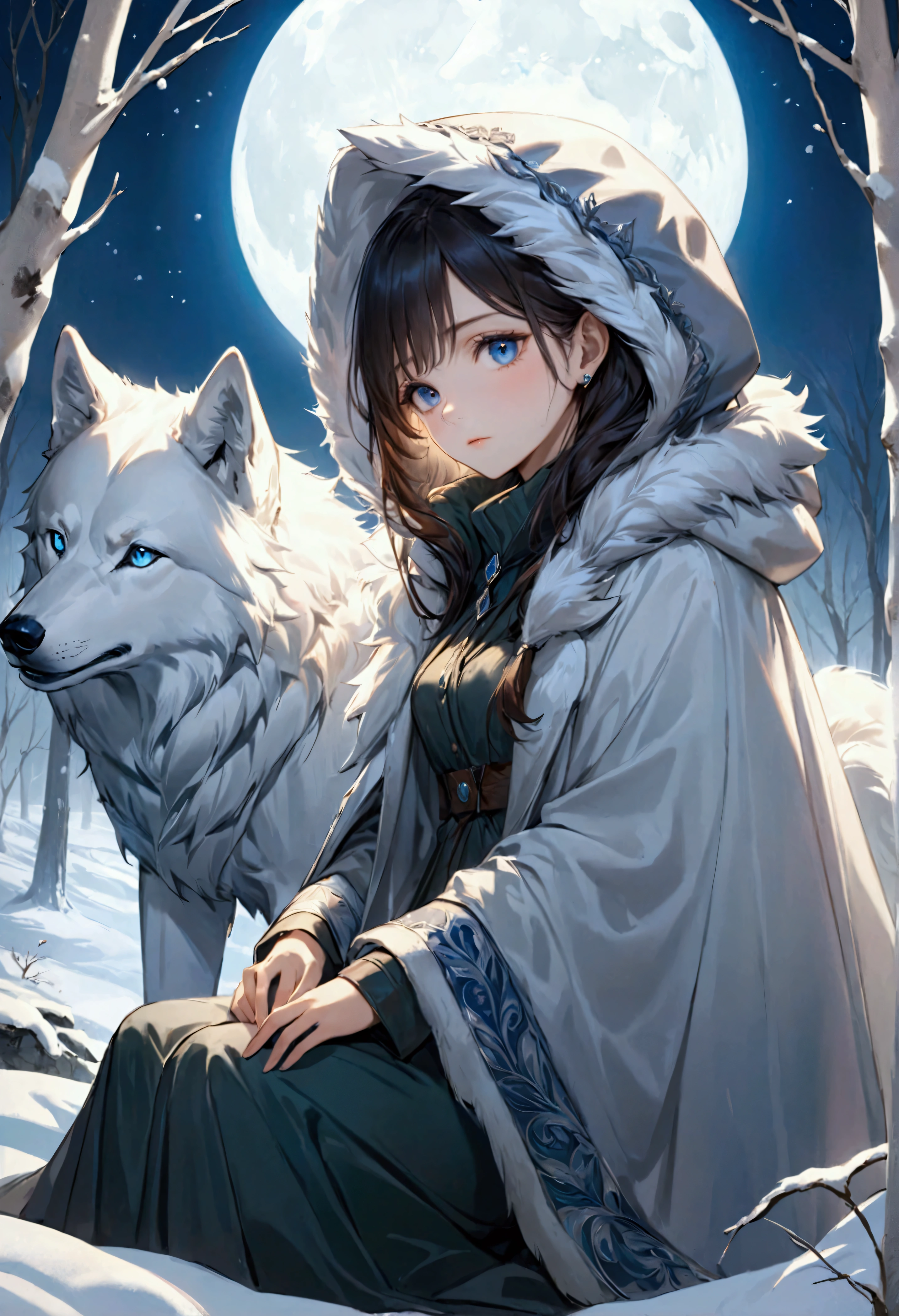 An award-winning digital masterpiece, capturing a very pretty female exotic hunter in a moment of serene relaxation under the soft glow of an ethereal full moon. Dressed in an exquisite white wolf-skin coat with a fur-lined hood, she exudes both elegance and strength, her coat blending seamlessly with the snow-covered wilderness around her. She rests her hand on an old-world rifle, its antique craftsmanship adding a sense of history and tradition to her persona.

Beside her sits her loyal companion, a majestic white dire wolf, its massive form illuminated by the moonlight. The dire wolf, with its powerful build and shimmering white fur, lounges calmly by her side, its piercing eyes reflecting the tranquil beauty of the night. The bond between them is palpable, as they share this rare moment of peace amidst the wild, their companionship unspoken but deeply felt.

The ethereal full moon casts a soft, glowing light across the scene, creating long shadows that dance across the snow. The surrounding landscape, with frost-covered trees and a blanket of snow, enhances the tranquil atmosphere, while delicate mist swirls around them, adding an otherworldly quality. The moonlight reflects off the hunter’s coat and the dire wolf’s fur, highlighting their regal presence in the wilderness.

The composition is a perfect blend of beauty, power, and serenity, with the hunter and her dire wolf sharing a quiet, intimate moment under the moon’s gentle glow. The intricate details of the old-world rifle, the wolf-skin coat, and the mystical landscape create a visually stunning portrayal of a hunter deeply connected to both her past and her loyal companion.