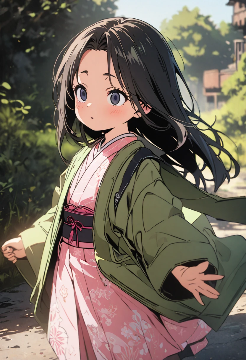 (masterpiece, best quality, very aesthetic, ultra detailed), score_9, score_8_up, score_7_up, 1 girl, child, intricate details, 4k, illustration style, black long hair, Fuji Forehead, Kurohime cut hair, parted bangs, pink kimono, green coat, open coat, standing, outdoors, (black slanted eyes:1.2),
