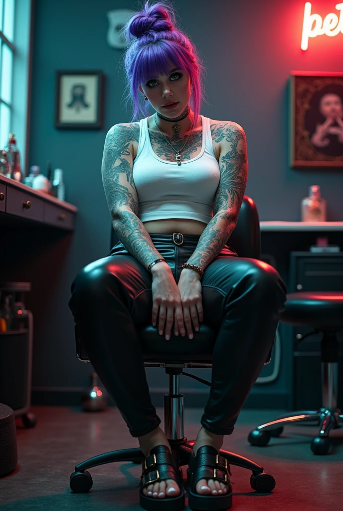 Full body photo of a barefoot white toenails woman with her feet clearly visible, light skinned, Big green eyes, clear glasses , long eyelashes, lots of shadow in the eyes, beautiful face, melancholic expression, Apathetic gaze, purple hair with messy bun, chubby body somewhat neglected, sagging breasts, wearing a super white crop top, leather pants and wearing slide sandals, white toenails feet clearly visible. She is a tattoo artist in her tattoo shop sitting on a tattoo stool with legs spread and hands on knees, next to the tattoo chair with her work tools... she has many tattoos all over her body and also many piercings and earrings. The tatto shop have an atmosphere of melancholic and mysterious tone, with cool white light accentuated by neon lights, creating an intense and dramatic atmosphere.