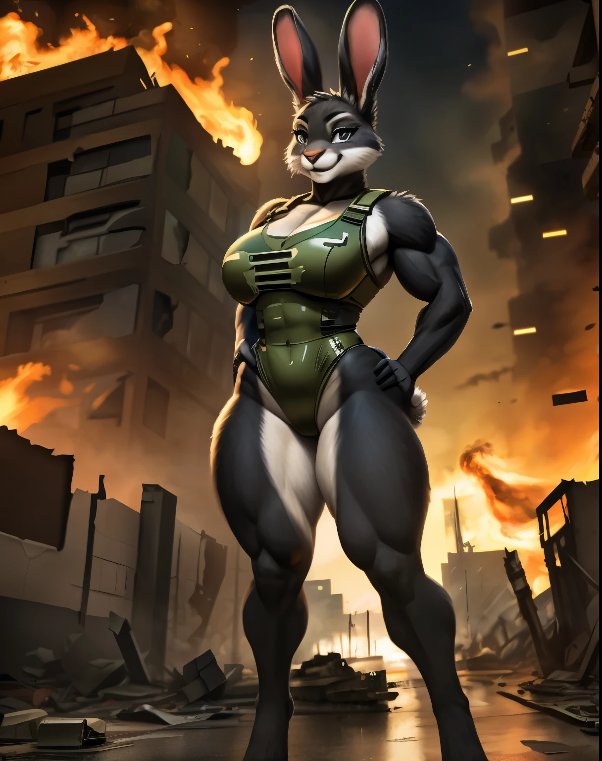 1girl, (smiling :1.1), big tits, big ass, thin waist, thick thighs, toned legs, muscle, (Best Quality, 8k, Masterpiece), Rabbit girl, animal nose, grey and black fur, wearing a green camouflage leotard, military bulletproof vest, military equipment, standing, hero pose, in a war-torn city, burning building in the background