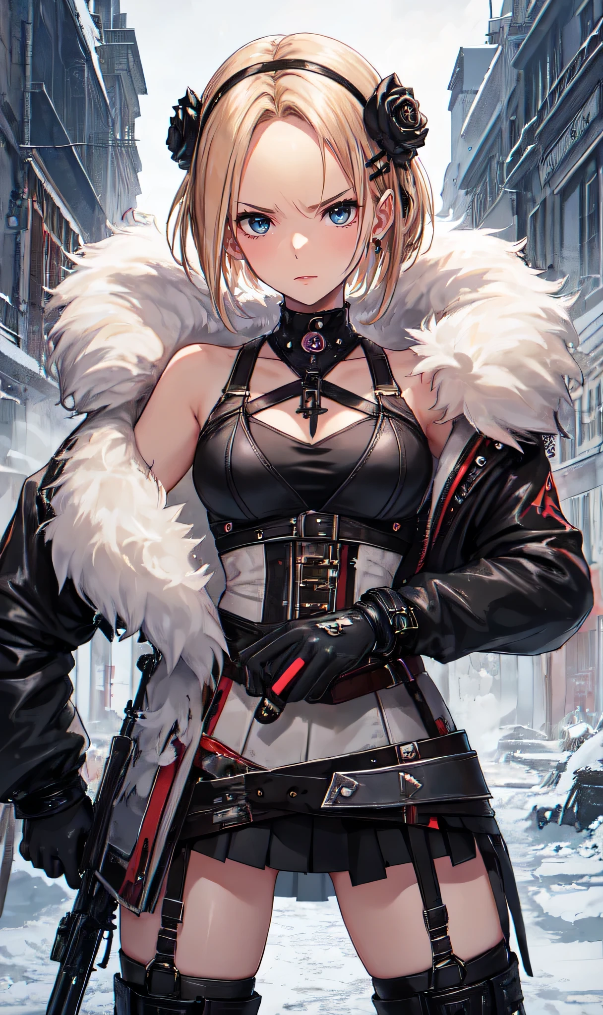 Abandoned industrial city in winter background,(White and light red,：2.0),Issued card,Standing in close-up,Dream world,Facial blemishes,(((Blonde Hair))),(((Short hair up to the shoulders))),(((Center-parted bangs))),(((I can see your forehead))),(((1 black rose hair ornament))),(((Angry face))),(((Frowning))),(Slender blue eyes),(Pink lipstick),(Long eyelashes),gloves,(((pistol))),Choker,(Fur coat),Torn and frayed combat uniform exposing the abdomen,Leather mini skirt,Caster wheel,belt：2.0),Fur Tube Top(Chokerー),Above-the-knee high-heeled boots,Strappy high heel boots,The legs have lots of straps,Detailed background