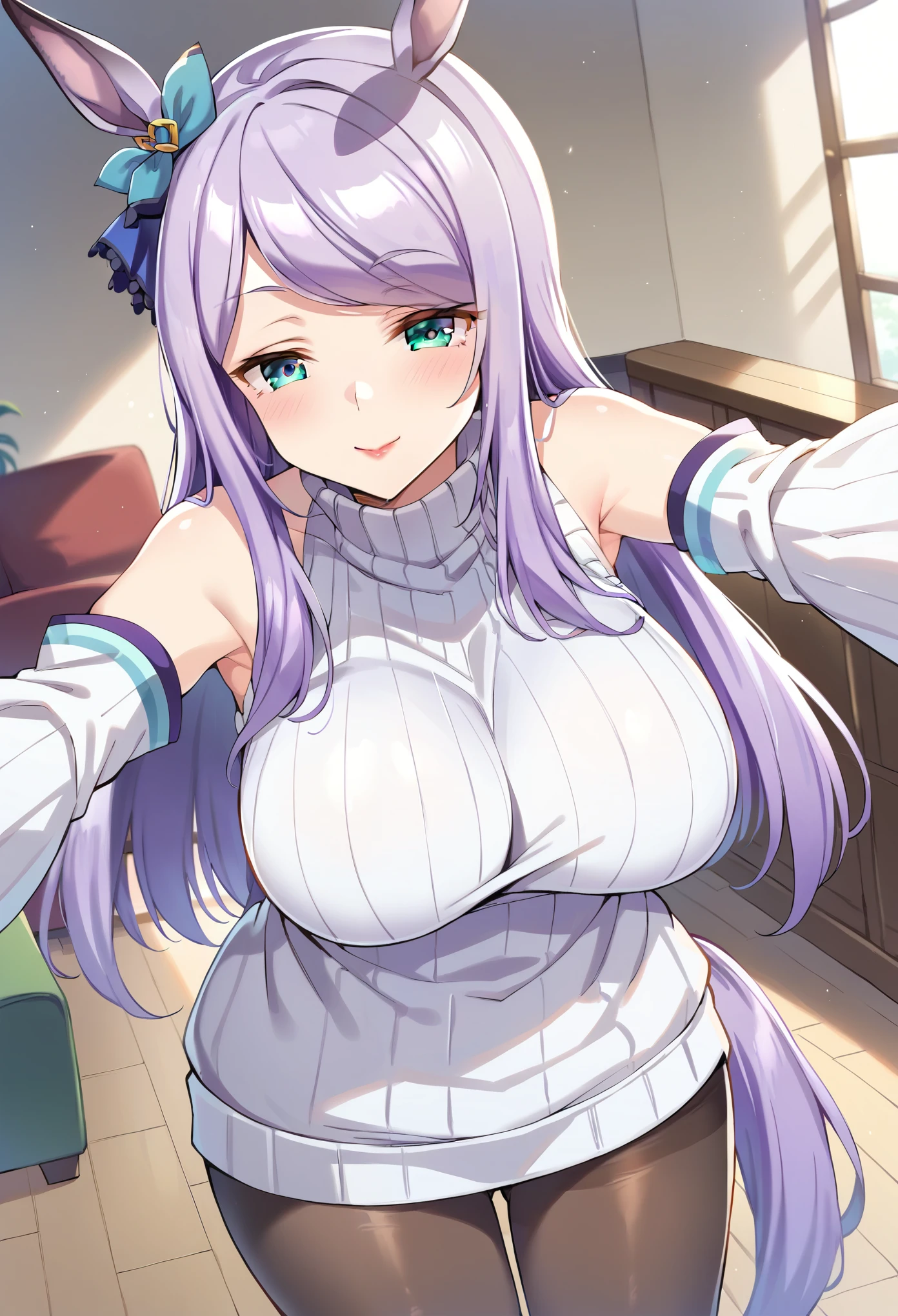 masterpiece, score_9, score_8_up, score_7_up, source_anime, best quality, extremely detailed, 1girl, milf, solo, mejiro mcqueen \(umamusume\), (large breasts:1.9), ((((purple hair), long hair, aqua eyes, horse ears, horse tail, half-closed eyes))), red lips, (((sleeveless sweater, detached sleeves, pantyhose))), ((blush, light smile), closed mouth), ((motherly, beckoning, outstretched arms, living room))