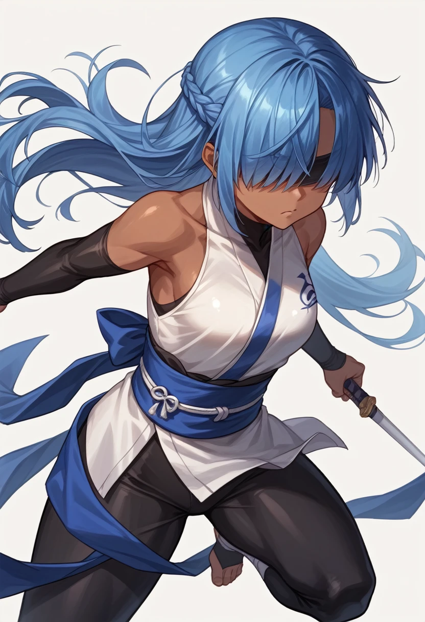 ninja,kunoichi,dark skin,black bodysuit,bare shoulders,obi,white china bodysuit,fullbody,
[black hair:Silver bangs:0.1],gleaming,around blue highlights, silver colored tips , gradient blue hair, shiny blue streaked hair:0.5, hair over eyes ,forehead, french braid ,  open stance ,  simple background,dynamic light,dramatic shadow, ,gamecg, ,core_9, score_8_up, score_7_up, score_6_up, score_5_up, score_4_up, source anime,