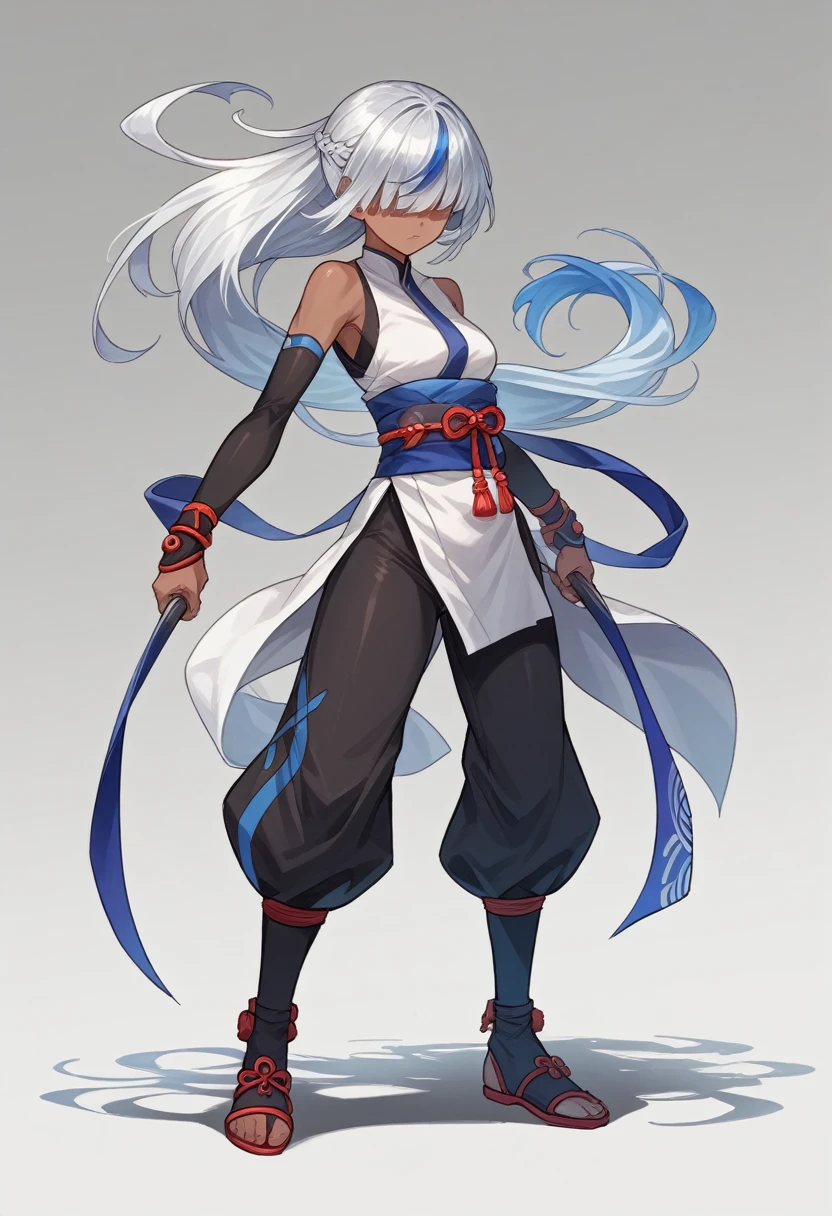 ninja,kunoichi,dark skin,black bodysuit,bare shoulders,obi,white china bodysuit,fullbody,
[black hair:Silver bangs:0.1],gleaming,around blue highlights, silver colored tips , gradient blue hair, shiny blue streaked hair:0.5, hair over eyes ,forehead, french braid ,  open stance ,  simple background,dynamic light,dramatic shadow, ,gamecg, ,core_9, score_8_up, score_7_up, score_6_up, score_5_up, score_4_up, source anime,