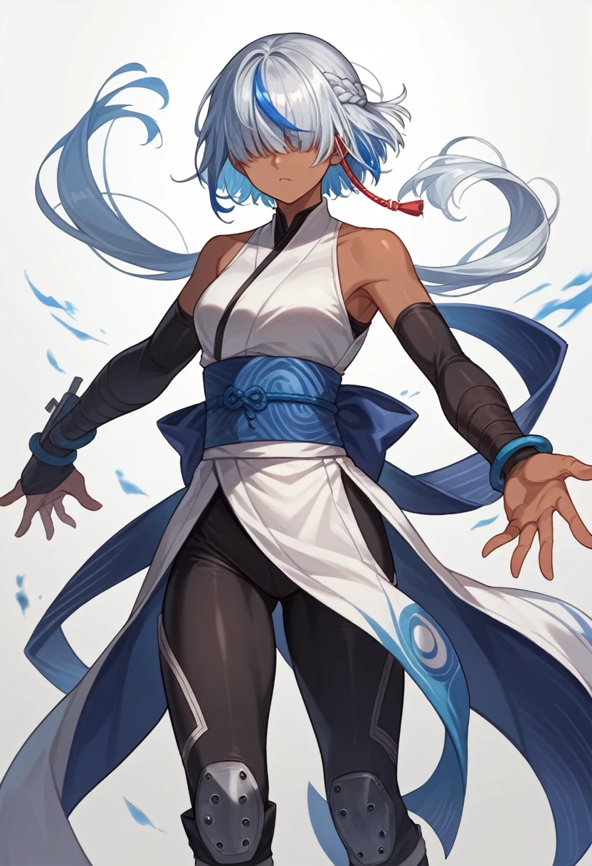 ninja,kunoichi,dark skin,black bodysuit,bare shoulders,obi,white china bodysuit,fullbody,
[black hair:Silver bangs:0.1],gleaming,around blue highlights, silver colored tips , gradient blue hair, shiny blue streaked hair:0.5, hair over eyes ,forehead, french braid ,  open stance ,  simple background,dynamic light,dramatic shadow, ,gamecg, ,core_9, score_8_up, score_7_up, score_6_up, score_5_up, score_4_up, source anime,