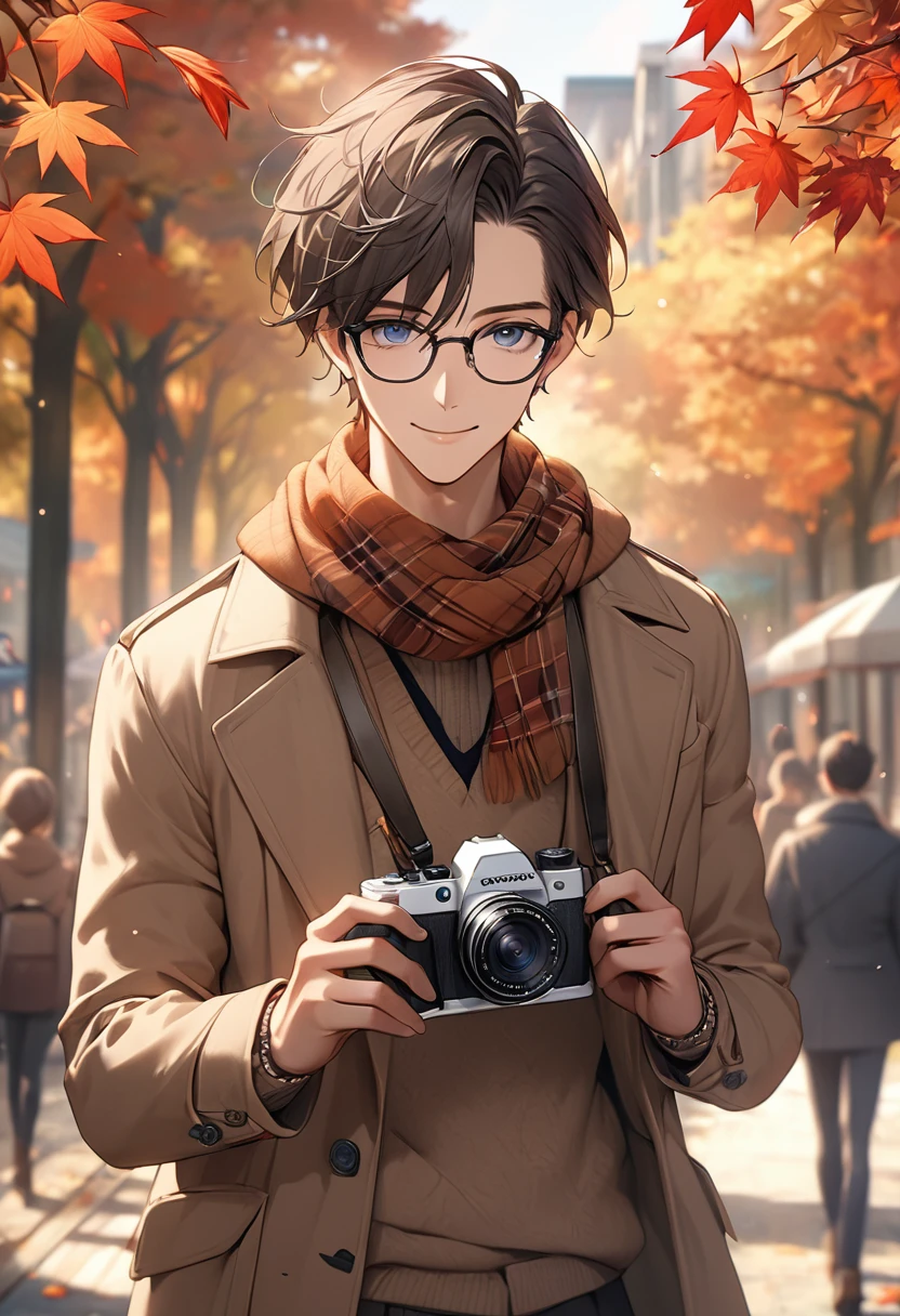 masterpiece, Attention to detail, High resolution, RTTX 10.0, 8k, high quality, season　autumnの、Staring at the audience、Official Art、Cute anime style、1 male、alone、Glasses、smile、focus、Have a camera、Camera in hand、Taking a photo、Fashionable clothes、autumn、autumn leaves、warm