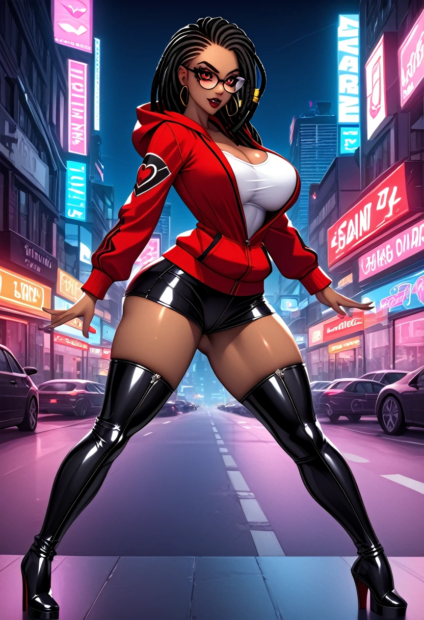 Masterpiece, hyper-aesthetic, hyper-absurd resolution, orange and green blacklight, realism, 1woman, sensuous, sassy, african-caribbean features, very dark skin, defined muscle, bubble butt, toned abs, dreadlocks,urban hairstyles, wide heart hips, firm chest, busty, voluptuous, perfect oval physique, glasses, ((red spider web eye contacts, big shiny eyes, Nubian small nose,)) city arcade attendant,open hoodie, black and white micro asymmetrical gothic frilly dress mesh neckline, thigh high boots, black and red striped lipstick, urban goth girl fashion, grim reaper walkman on her hip), side view, (hyper quality), ( skippin down a street, turning heads, various gaming posters and decorations),(fantasy),((magic, futuristic fantasy), (vivid color interior), ultra high resolution, cinematic scene, Photorealistic lineart, highly-detailed, uhd,4k, hyper resolution cel-shaded, anime screencap, best quality, expressive eyes, perfect face, perfect anatomy, perfect physique, perfect hands , air_gear_cover_style ,hips,Murakami_Teruaki,AddXL