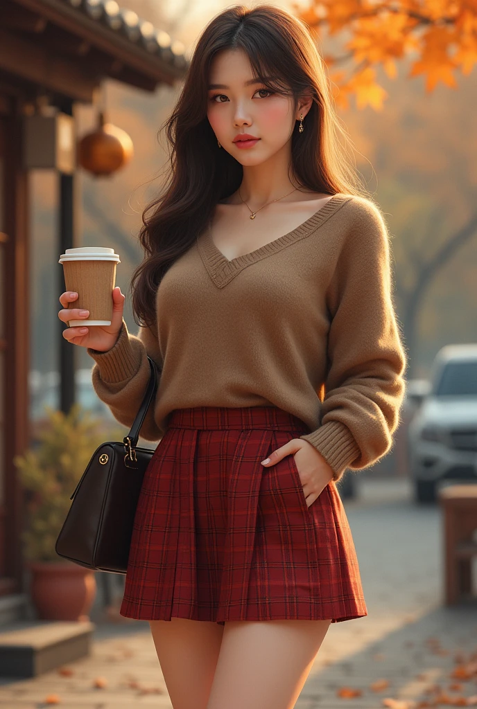 ((8k, RAW photos, top quality, masterpiece)), high-definition RAW, color photography professional close-up photos, (realistic, photorealism: 1.37), (highest quality), (best shadows), (best illustrations), collarbones ((big)), ((erotic, sexy, ultra-high resolution, high-definition CG unified 8K wallpapers, physically based rendering, movie lighting), (aegyo sal:1), 18-year-old girl, ((sitting on a chair in a retro-modern coffee shop:2)), (hand-knitted sweater with long white turtleneck: 1.2), (red plaid pleated skirt: 1.2),(sweater hem over skirt, long sleeves: 1.2)), beautiful detail eyes, light on face, ((full body shot: 1.2)), especially strong light,( very red cheeks: 1.2))、( Shy look:2),Glossy skin,( thick thighs), ulzzang-6500-v1.1:0.2, shy, (Flash:1.2), NSFW, (Long curly hair up to chest:1.2), (puffy, (seductive posture:1.2, attractive: 1.2)), (Idol), ((Good anatomy: 1.2)), (Autumn atmosphere)), Tea, cake