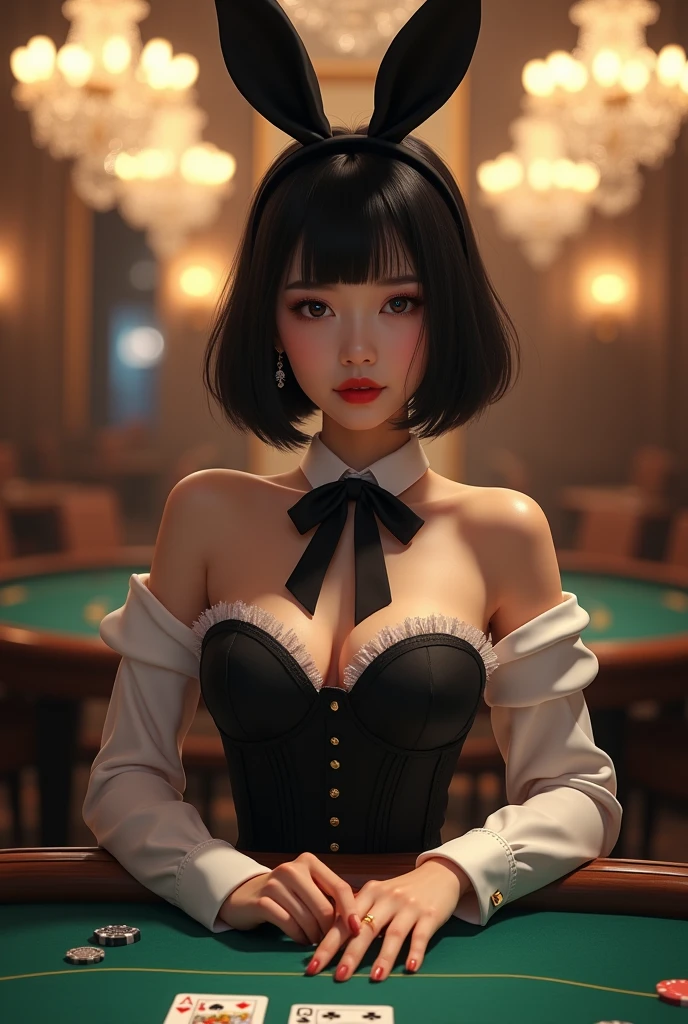 (Highest quality), Realistic, (live-action, Intricate details), ((Japanese woman squatting in a casino, Model body type),((While undressing:1.4)), ((Playboy Bunny, Bunny ears, black Bunny ears, fake Bunny ears, pantyhose, black pantyhose, bow tie, Wrist cuff, Black risqué leotard)), ((:1.4)), (Short black hair:1.3, Short bangs), (neat face, Lips parted), Whiter skin, hard lighting:1.3, Roulette table, Slot Machines, Full Body Shot,Stick your butt out,Ass Focus,Sadistic smile,Fishnet stockings,There is a mole near the mouth,((Puff puff))