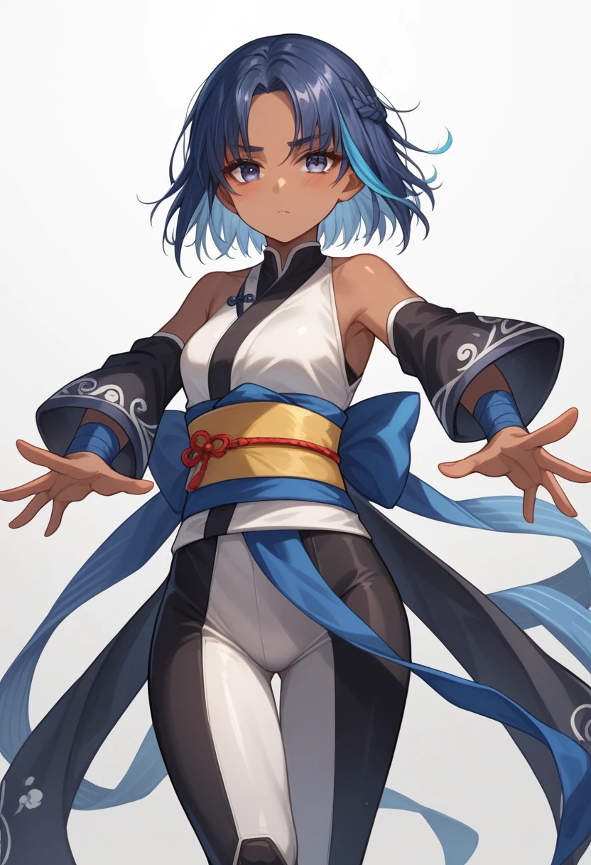 ninja,kunoichi,dark skin,black bodysuit,bare shoulders,obi,white china bodysuit,fullbody,
[black hair:Silver bangs:0.1],gleaming,around blue highlights, silver colored tips , gradient blue hair, shiny blue streaked hair:0.5, hair over eyes ,forehead, french braid ,  open stance ,  forehead ,shiny black eyebrows, eyelashes, cute face ,hair reflecting light ,blush, simple background,dynamic light,dramatic shadow, ,gamecg, ,core_9, score_8_up, score_7_up, score_6_up, score_5_up, score_4_up, source anime,