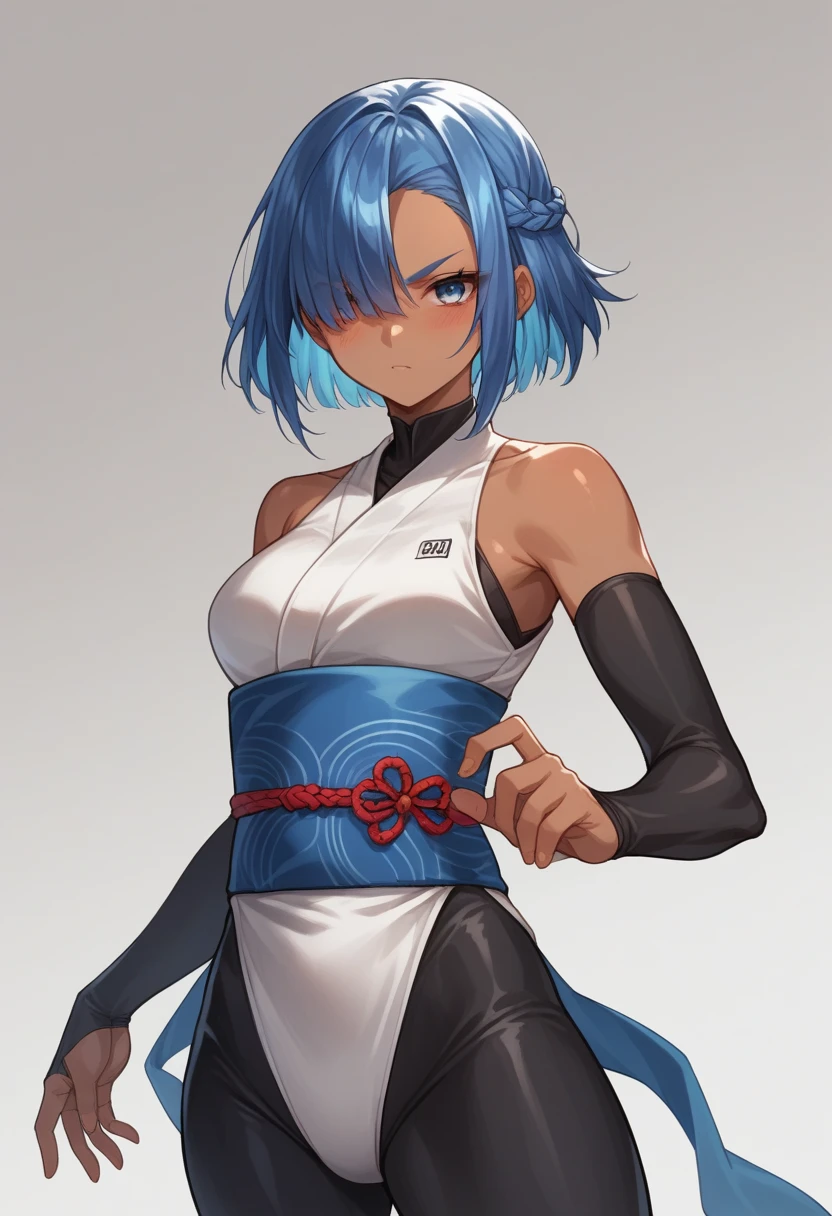 ninja,kunoichi,dark skin,black bodysuit,bare shoulders,obi,white china bodysuit,fullbody,
[black hair:Silver bangs:0.1],gleaming,around blue highlights, silver colored tips , gradient blue hair, shiny blue streaked hair:0.5, hair over eyes ,forehead, french braid ,  open stance ,  forehead ,shiny black eyebrows, eyelashes, cute face ,hair reflecting light ,blush, simple background,dynamic light,dramatic shadow, ,gamecg, ,core_9, score_8_up, score_7_up, score_6_up, score_5_up, score_4_up, source anime,