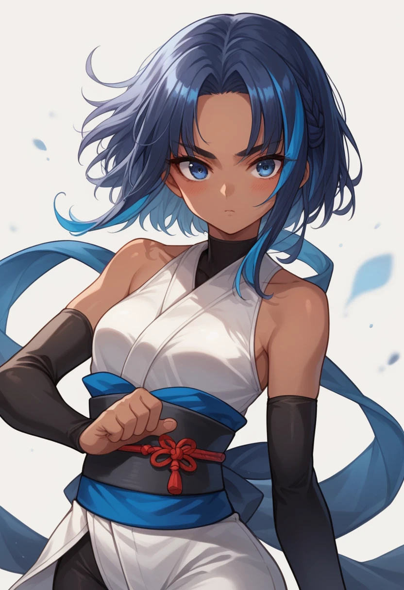 ninja,kunoichi,dark skin,black bodysuit,bare shoulders,obi,white china bodysuit,fullbody,
[black hair:Silver bangs:0.1],gleaming,around blue highlights, silver colored tips , gradient blue hair, shiny blue streaked hair:0.5, hair over eyes ,forehead, french braid ,  open stance ,  forehead ,shiny black eyebrows, eyelashes, cute face ,hair reflecting light ,blush, simple background,dynamic light,dramatic shadow, ,gamecg, ,core_9, score_8_up, score_7_up, score_6_up, score_5_up, score_4_up, source anime,