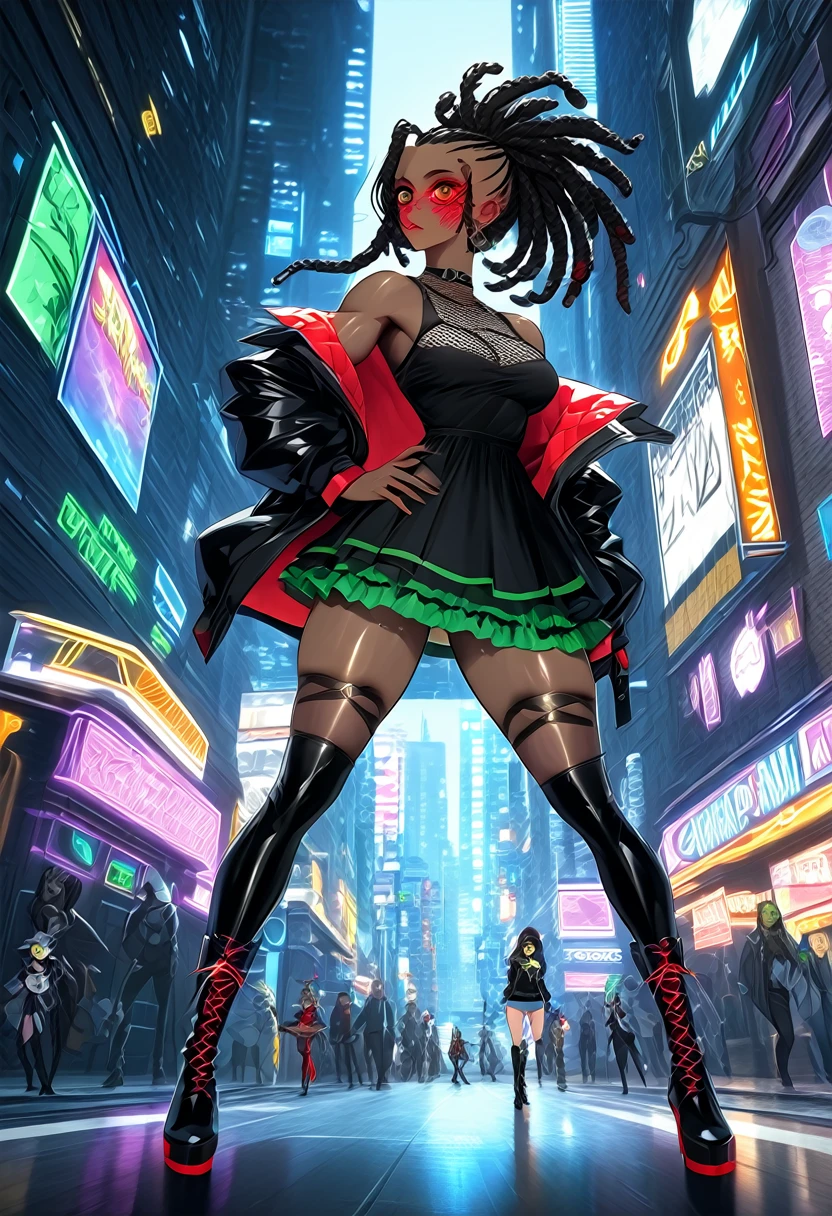 Masterpiece, hyper-aesthetic, hyper-absurd resolution, orange and green blacklight, realism, 1woman, sensuous, sassy, african-caribbean features, very dark skin, defined muscle, bubble butt, toned abs, dreadlocks,urban hairstyles, wide heart hips, firm chest, busty, voluptuous, perfect oval physique, glasses, ((red spider web eye contacts, big shiny eyes, Nubian small nose,)) city arcade attendant,open hoodie, black and white micro asymmetrical gothic frilly dress mesh neckline, thigh high boots, black and red striped lipstick, urban goth girl fashion, grim reaper walkman on her hip), side view, (hyper quality), ( skippin down a street, turning heads, various gaming posters and decorations),(fantasy),((magic, futuristic fantasy), (vivid color interior), ultra high resolution, cinematic scene, Photorealistic lineart, highly-detailed, uhd,4k, hyper resolution cel-shaded, anime screencap, best quality, expressive eyes, perfect face, perfect anatomy, perfect physique, perfect hands , air_gear_cover_style ,hips,Murakami_Teruaki,AddXL