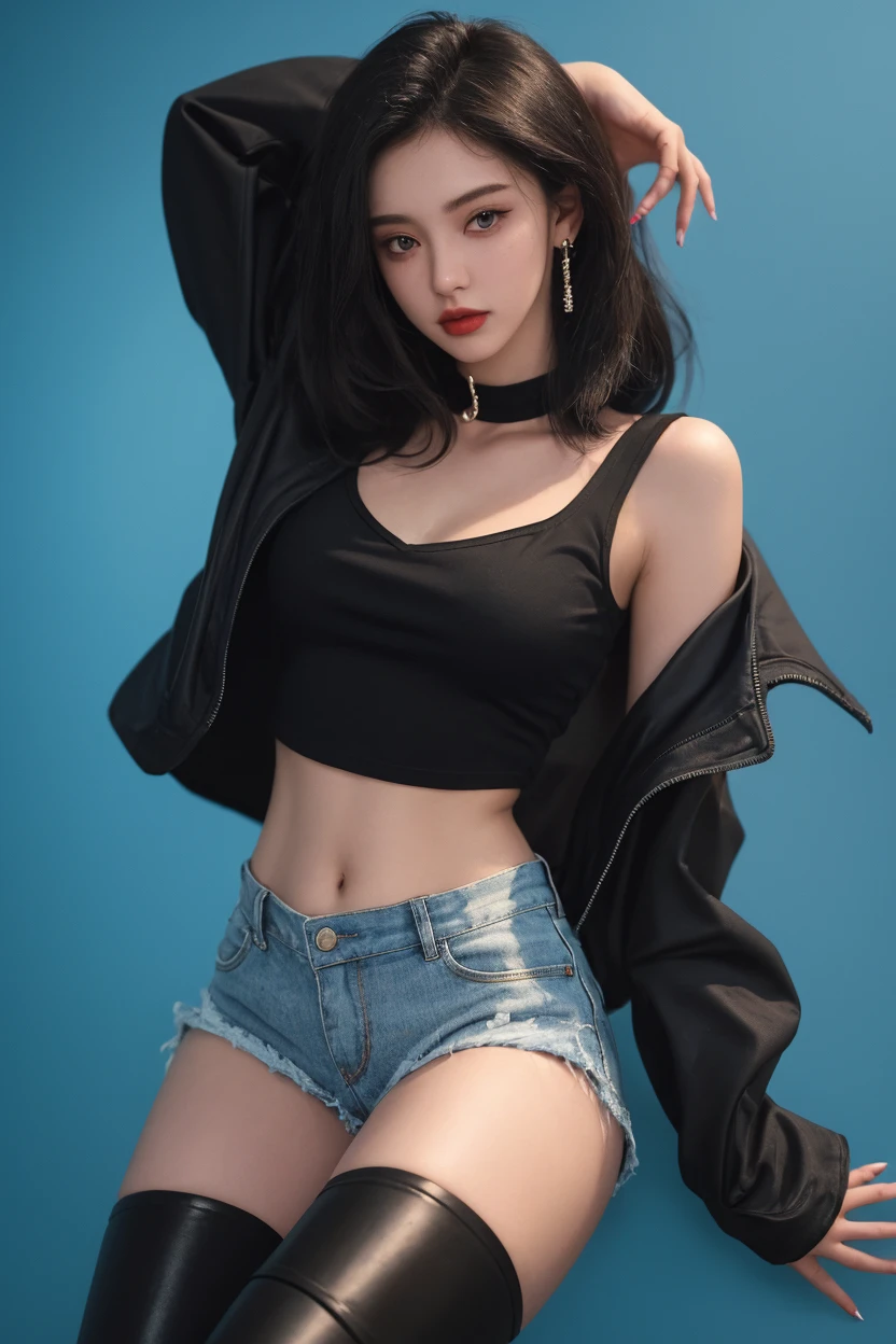 best quailty,tmasterpiece,super high-RES,(true to life:1.4),1girlhugebreasts,oral sexy,(Open black coat),(Red bandeau top:1.5),Red bandeau top,(denim short),(Night atmosphere:1.5), Glowing skin,detailed eye, 双眼皮,length hair,fair white skin,Sitting charmingly on a tall building, Long thin legs