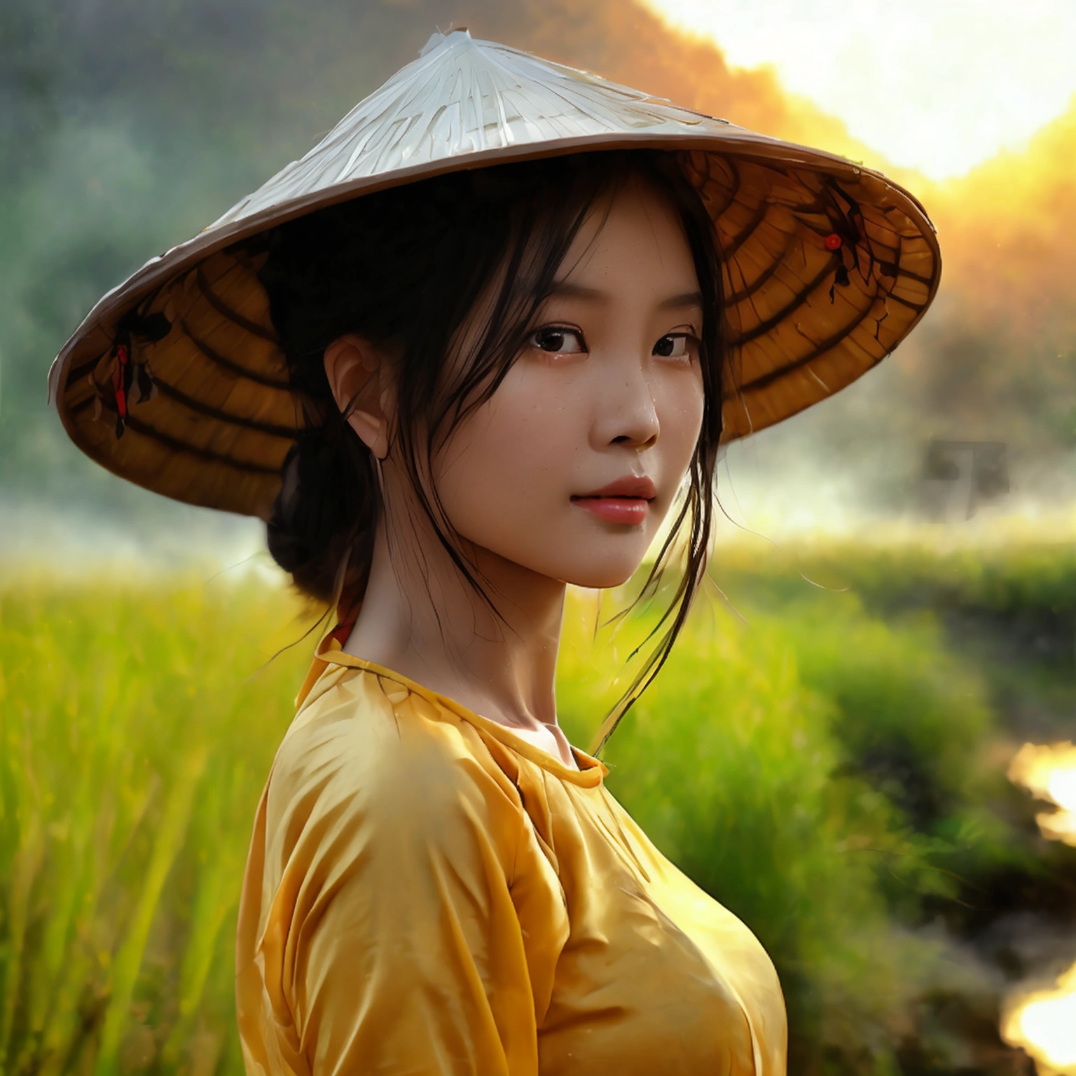 RAW, Best quality, high resolution, masterpiece: 1.3), beautiful Khmer-Chinese woman, Masterpiece, sun set, simple body, normal clothes, black chignon hair, open stand, realistic, dark hair, Soft smile, thick thighs, she is about 20 years old, pale white skin, wearing a simple Khmer yellow t-shirt and jean dress, ((whole body)) turning side facial at viewer, closeup, small mountains, misty, woman standing beside small river and rice field,