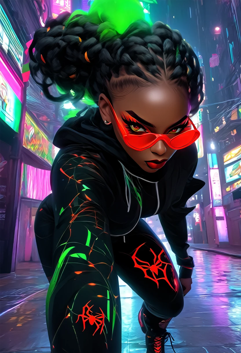 Masterpiece, hyper-aesthetic, hyper-absurd resolution, orange and green blacklight, realism, 1woman, sensuous, sassy, african-caribbean features, very dark skin, defined muscle, bubble butt, toned abs, dreadlocks,urban hairstyles, wide heart hips, firm chest, busty, voluptuous, perfect oval physique, glasses, ((red spider web eye contacts, big shiny eyes, Nubian small nose,)) city arcade attendant,open hoodie, black and white micro asymmetrical gothic frilly dress mesh neckline, thigh high boots, black and red striped lipstick, urban goth girl fashion, grim reaper walkman on her hip), side view, (hyper quality), ( skippin down a street, turning heads, various gaming posters and decorations),(fantasy),((magic, futuristic fantasy), (vivid color interior), ultra high resolution, cinematic scene, Photorealistic lineart, highly-detailed, uhd,4k, hyper resolution cel-shaded, anime screencap, best quality, expressive eyes, perfect face, perfect anatomy, perfect physique, perfect hands , air_gear_cover_style ,hips,Murakami_Teruaki,AddXL