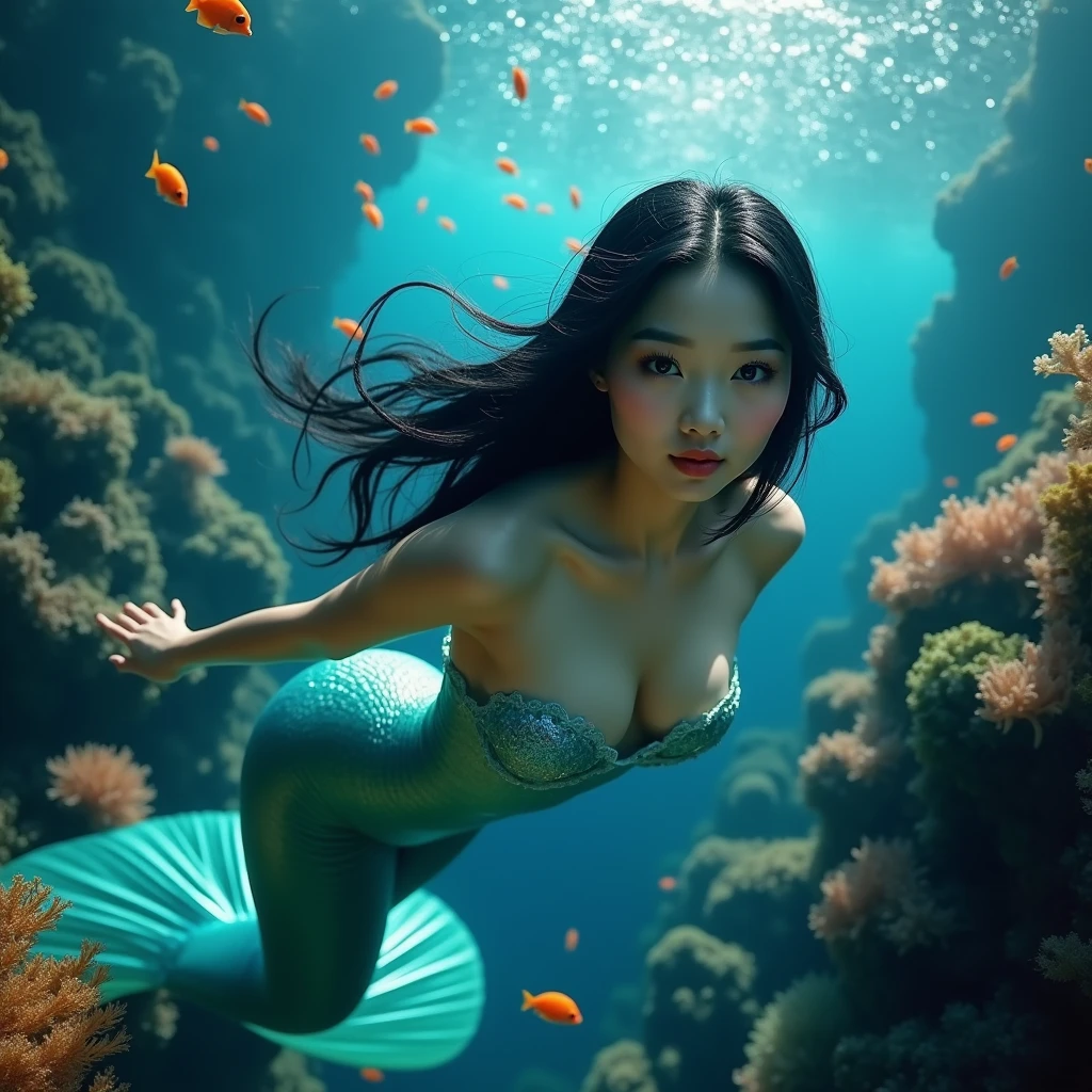 (Masterpiece:1.2, Best quality)with black background,Flowers,The underwater world, (Detailed beautiful eyes and detailed face, Masterpiece side light, Masterpiece, Best quality, Detailed, high-resolution illustrations), (1 girl, Beautiful girl, Shiny skin, Stand under the water), (full bodyesbian:1.5), (mermaids:1.2),wide wide shot
