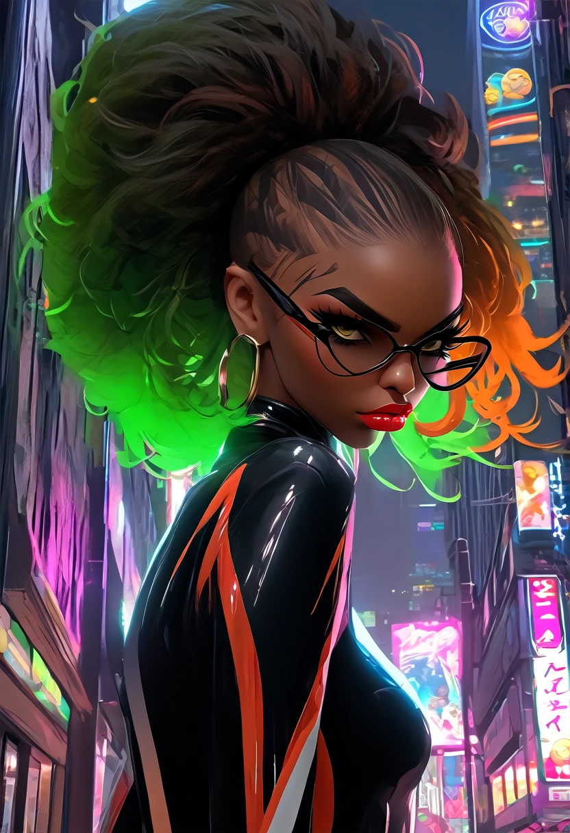 Masterpiece, hyper-aesthetic, hyper-absurd resolution, orange and green blacklight, realism, 1woman, sensuous, sassy, african-caribbean features, very dark skin, defined muscle, bubble butt, toned abs, dreadlocks,urban hairstyles, wide heart hips, firm chest, busty, voluptuous, perfect oval physique, glasses, ((red spider web eye contacts, big shiny eyes, Nubian small nose,)) city arcade attendant,open hoodie, black and white micro asymmetrical gothic frilly dress mesh neckline, thigh high boots, black and red striped lipstick, urban goth girl fashion, grim reaper walkman on her hip), side view, (hyper quality), ( skippin down a street, turning heads, various gaming posters and decorations),(fantasy),((magic, futuristic fantasy), (vivid color interior), ultra high resolution, cinematic scene, Photorealistic lineart, highly-detailed, uhd,4k, hyper resolution cel-shaded, anime screencap, best quality, expressive eyes, perfect face, perfect anatomy, perfect physique, perfect hands , air_gear_cover_style ,hips,Murakami_Teruaki,AddXL