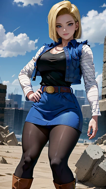 Android 18 da Dragon Ball Z,(best qualityer,4K,8k,high resolution,work of art:1.2)(weather: cloudy),battle ruins background, black shirt, striped sleeves, denim vest, denim skirt, pantyhose, brown boots, belt,short hair,ultra detailed,realisitic,portraite,beautiful detailed blue eyes,beautiful detailed lips,extremely detailed eye and face, long eyelashes,sexly,average,large breasts,beaming smile,powerful girl in a battle,combat pose,torn body,stunning curves,bright coloured,dramatic lighting,