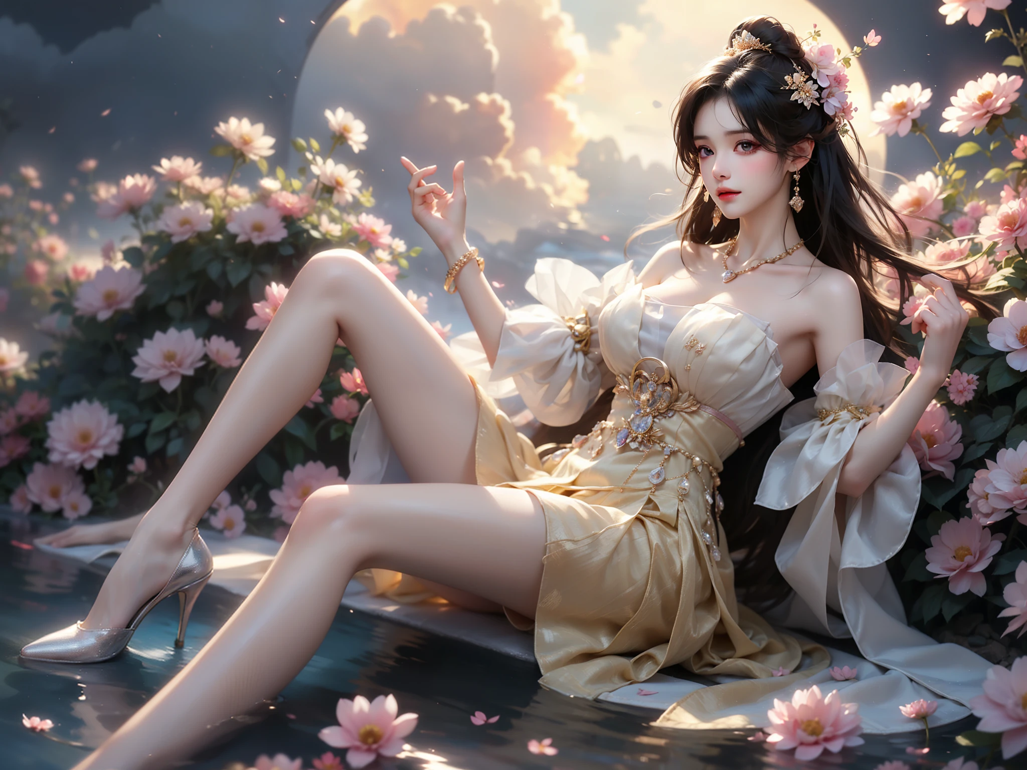 guqinghan, jrys, high heels,bare shoulders, see-through, jewelry,strapless, collarbone, bracelet, off shoulder,earrings, bow,cleavage, tube dress, strapless dress (High quality details), 1 Girl, solo, Young women, Elegant Posture, ((night, moonlight)), (Female figure，Lying position，Lie flat in the water，Relaxed expression), (Focus on natural body posture and correct anatomy:1.3), (Perfect leg proportions:1.3)，(True and accurate leg shape:1.2), ((Natural leg position)), The skirt is very short, One hand stroked the hem of the skirt, Lift the hem of the skirt, Bare shoulders, Natural posture, Soft expression, Exquisite makeup, Soft blush, Bright Eyes, Soft lips, Flower fairy style, ((Anatomically accurate)), (Real natural legs), Smooth skin, Soft lighting, high resolution, 8K Ultra HD, Clear focus, Professional photography effects, Random elegant scenes, Multi-angle shooting