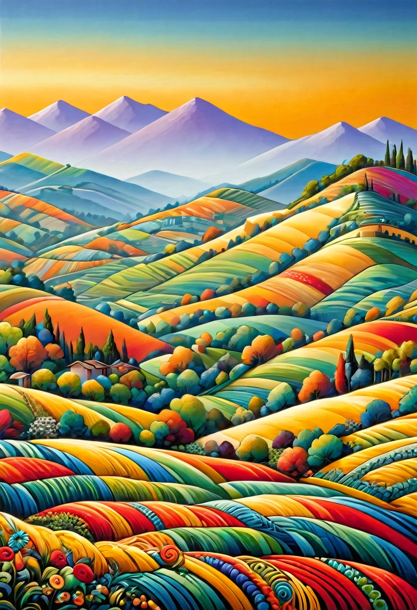 A masterpiece, a superb composition, a surreal landscape of rolling hills painted in vibrant shades of yellow and woven using the macrame technique, with colorful shades of orange, red, blue, purple and green creating rhythmic patterns with the hills undulating in shape.