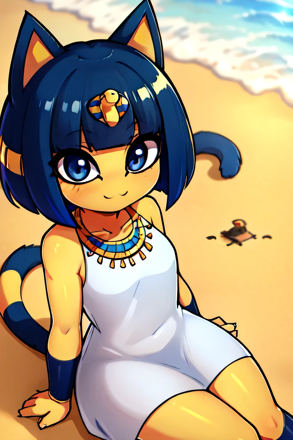 absurdity, a high resolution, Ultra detailed, eyes, One, cat girl, , blue hair, hair ornament, yellow skin, фиолетовые eyes, White dress, sitting, I look at the viewer, on open air, sand, Egyptian, smiling