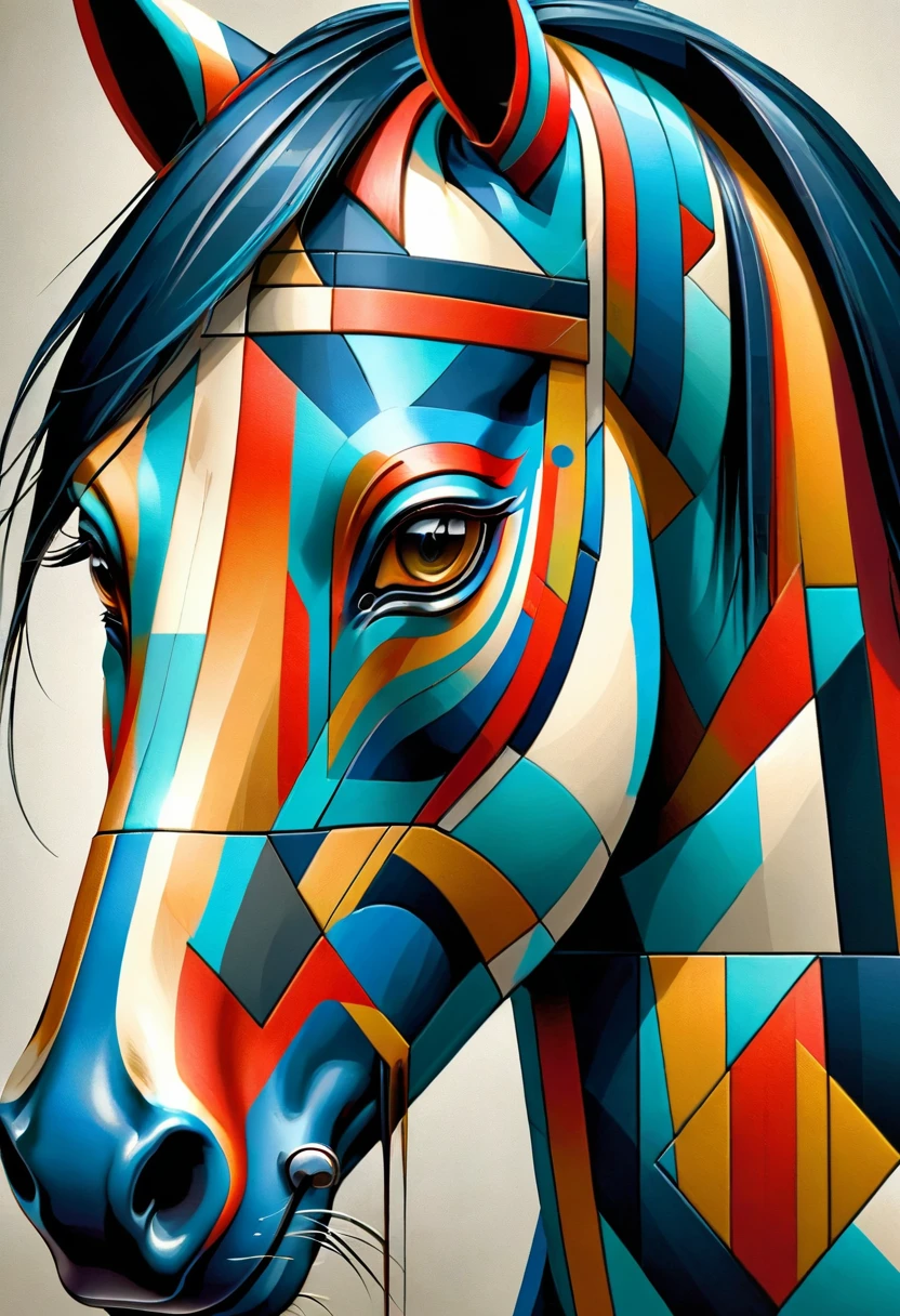 A close-up of a horse painted in the Cubist style, its expression emphasizes geometric shapes and angles, and is composed of vibrant colors.