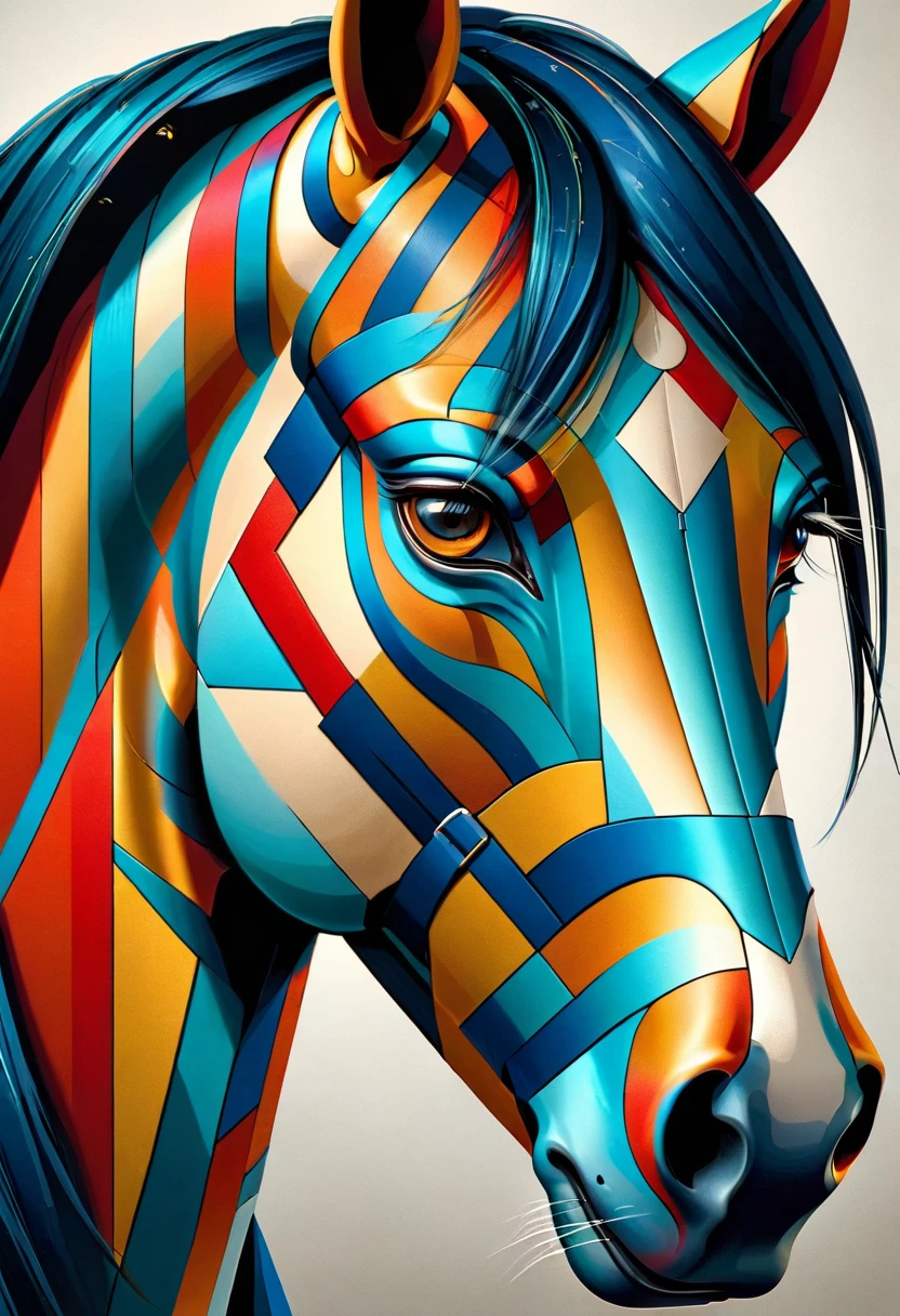 A close-up of a horse painted in the Cubist style, its expression emphasizes geometric shapes and angles, and is composed of vibrant colors.