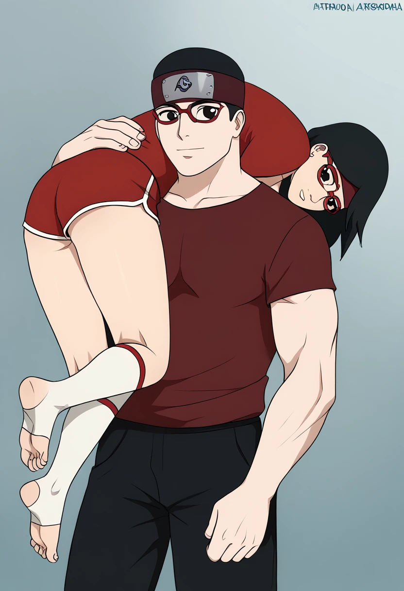 score_9, score_8_up, score_7_up, BREAK1girl, sarada, black eyes, black hair, short hair, glasses, headband,shorts, thighhighs, toeless shoes, red sleeveless dress, (lora:SaradaXL:1) Being carried on the shoulder, back view. 

1boy, upper body, bald_boy, bald male, bigger male, taller male, carrying on shoulder, carrying_over_shoulder, naked, size difference, 