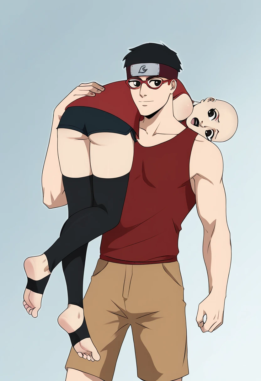 score_9, score_8_up, score_7_up, BREAK1girl, sarada, black eyes, black hair, short hair, glasses, headband,shorts, thighhighs, toeless shoes, red sleeveless dress, (lora:SaradaXL:1) Being carried on the shoulder, back view. 

1boy, upper body, bald_boy, bald male, bigger male, taller male, carrying on shoulder, carrying_over_shoulder, naked, size difference, 