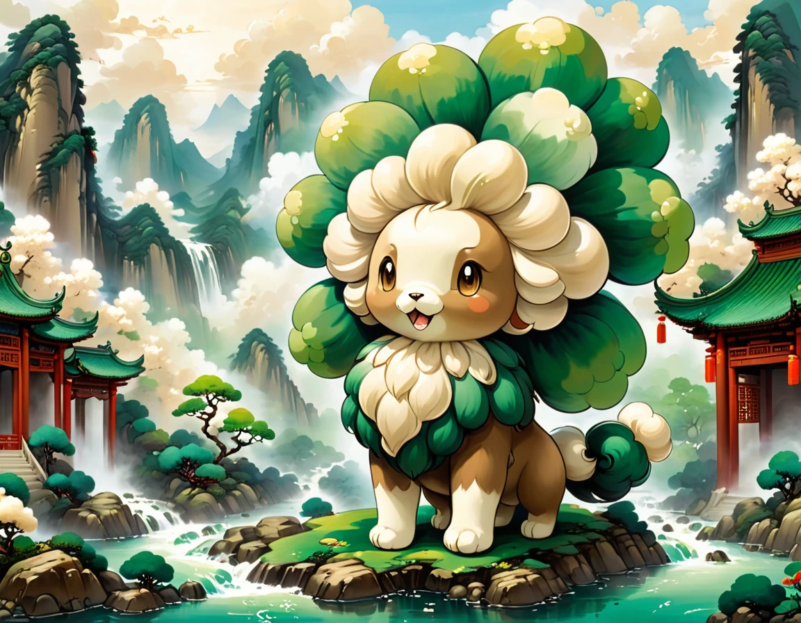 Chinese ink style,  whimsicott with brown cream and green color palette