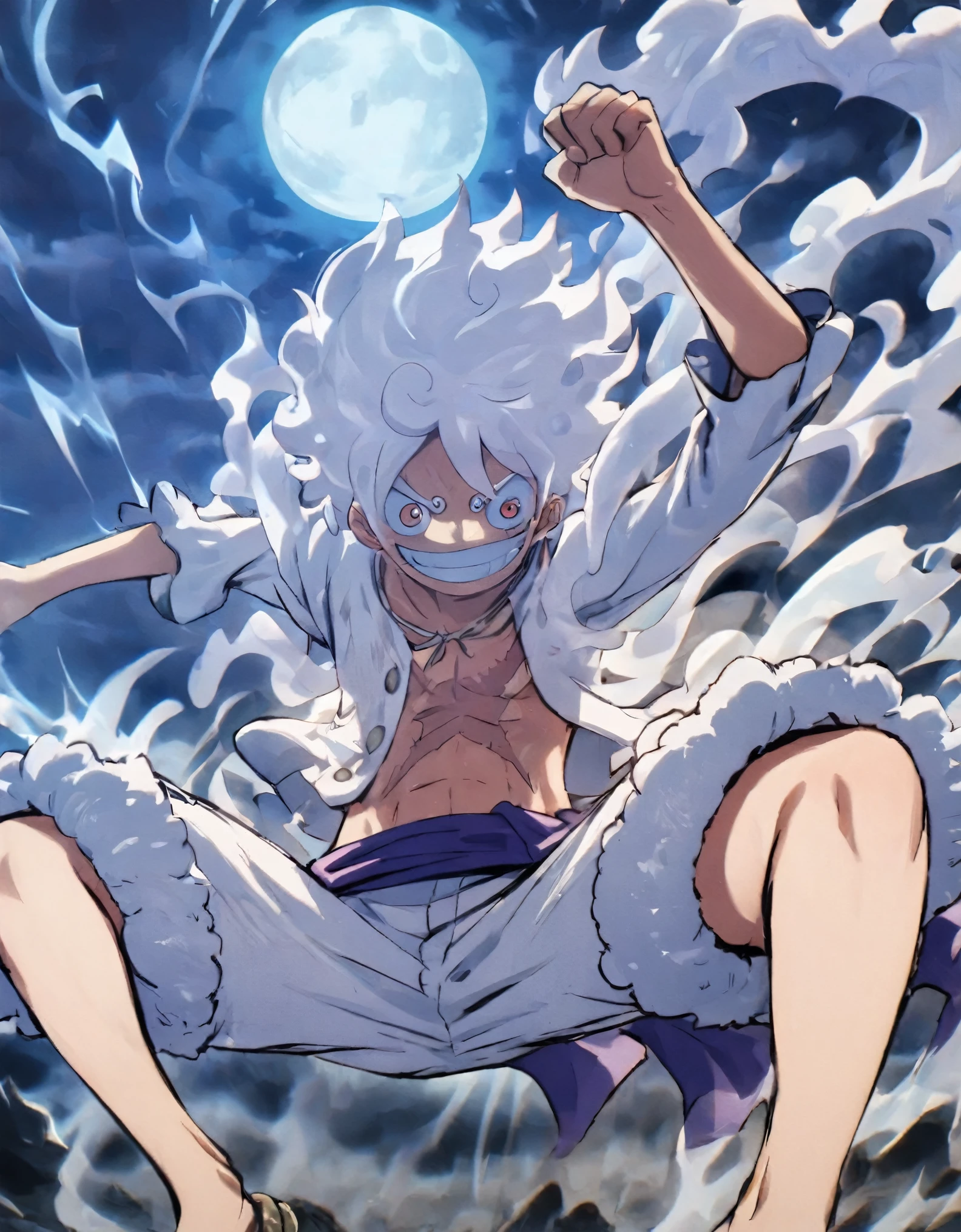 masterpiece、Luffy, white hair,  white clothes, pony tail, strong smile, ((full moon)), Night