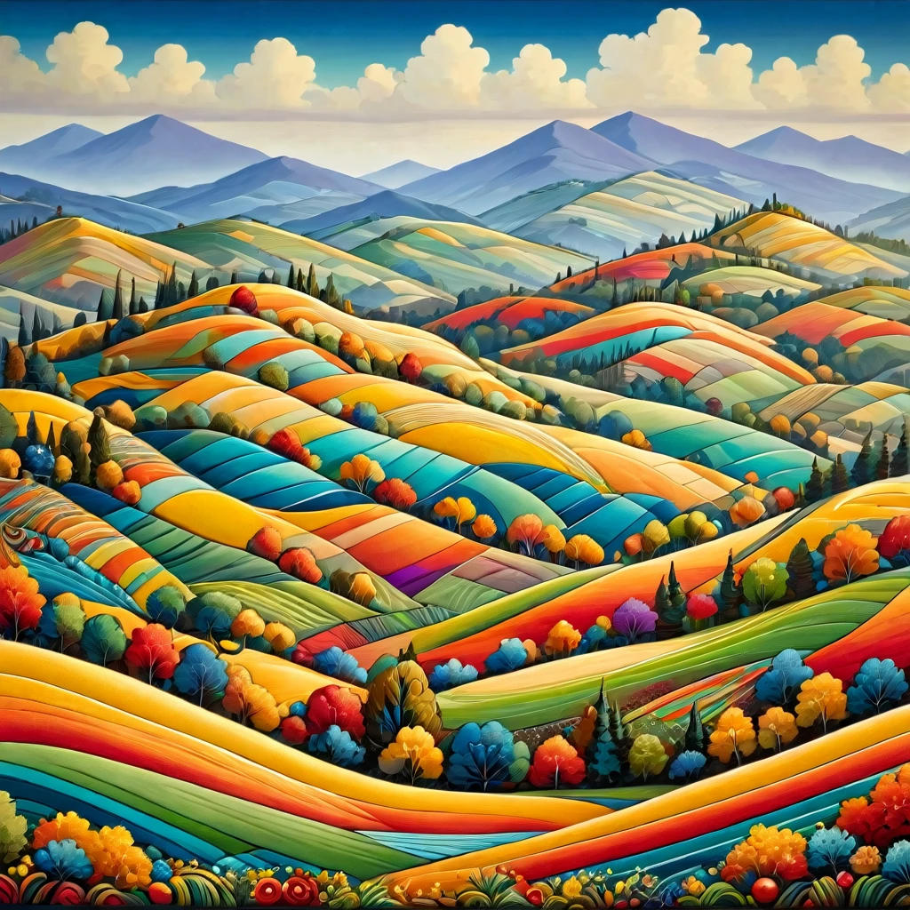 A masterpiece, a superb composition, a surreal landscape of rolling hills painted in vibrant shades of yellow and woven using the macrame technique, with colorful shades of orange, red, blue, purple and green creating rhythmic patterns with the hills undulating in shape.