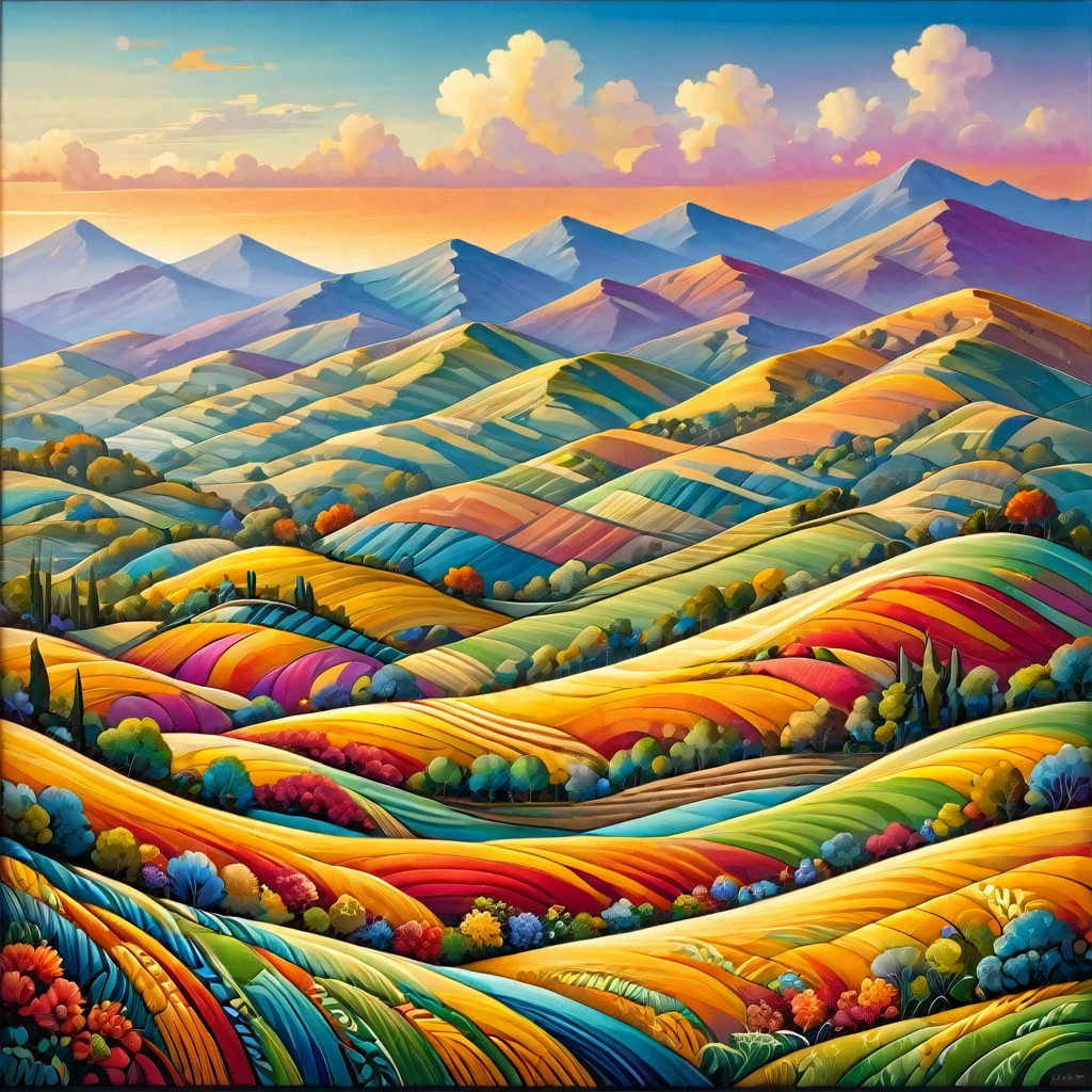 A masterpiece, a superb composition, a surreal landscape of rolling hills painted in vibrant shades of yellow and woven using the macrame technique, with colorful shades of orange, red, blue, purple and green creating rhythmic patterns with the hills undulating in shape.