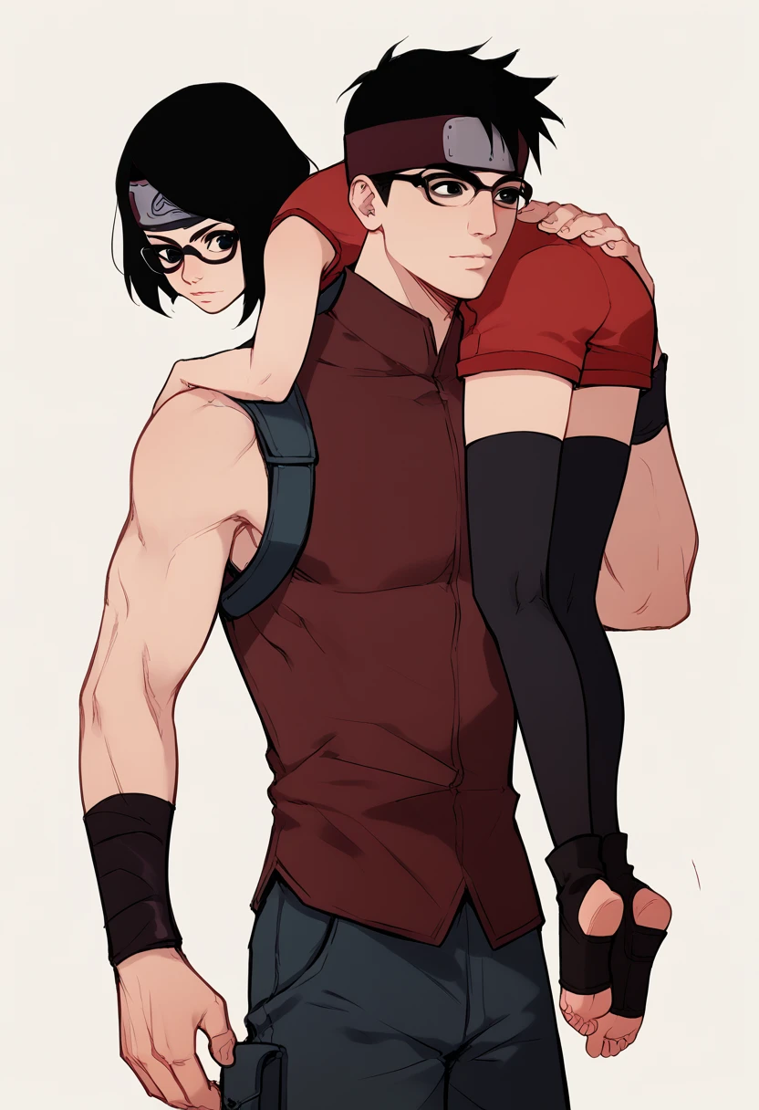 score_9, score_8_up, score_7_up, BREAK1girl, sarada, black eyes, black hair, short hair, glasses, headband,shorts, thighhighs, toeless shoes, red sleeveless dress, (lora:SaradaXL:1) Being carried on the shoulder, back view. 

1boy, upper body, bald_boy, bald male, bigger male, taller male, carrying on shoulder, carrying_over_shoulder, naked, size difference, 