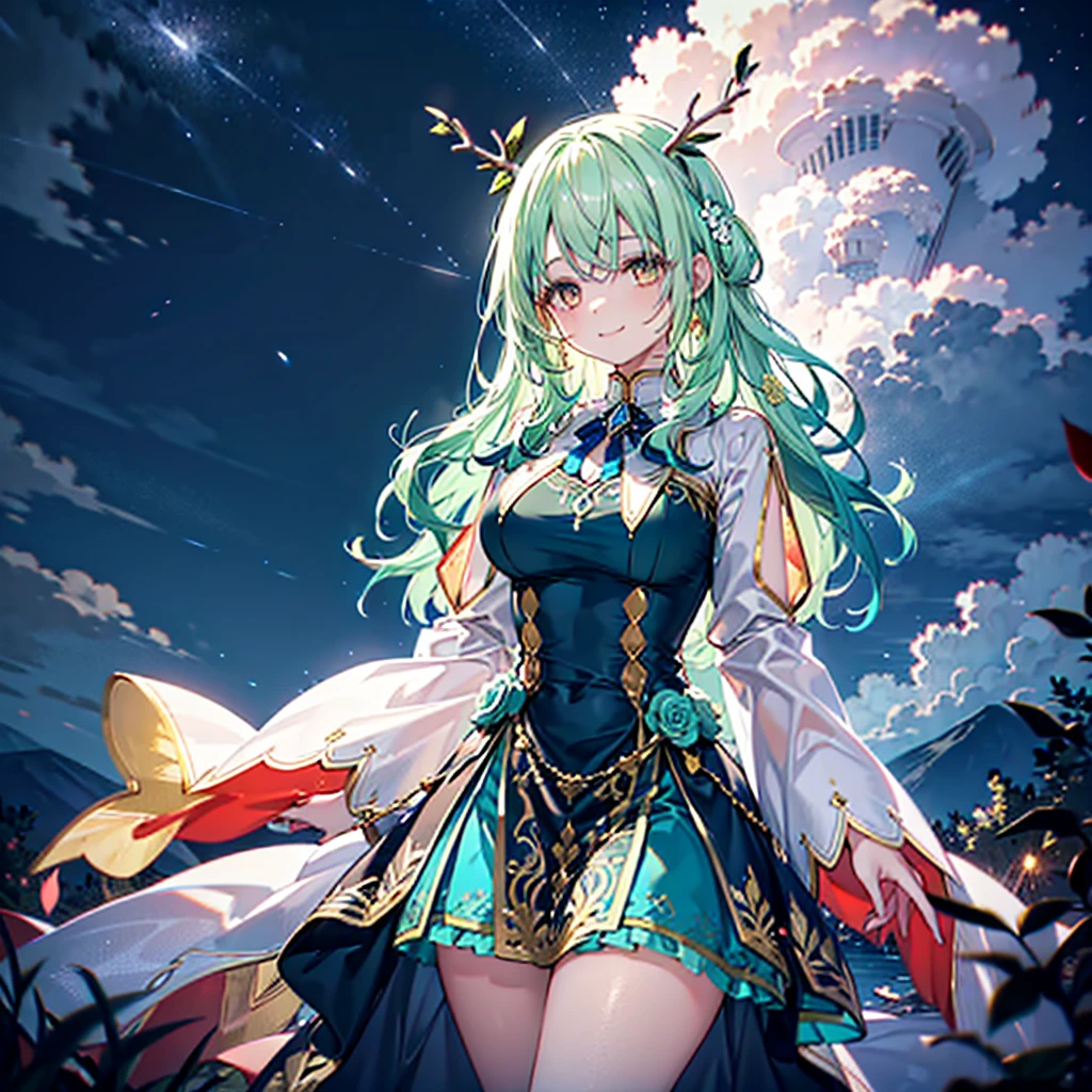 Young goddes with blue dress with golden details, antlers, golden eyes, green hair, flowers in hair, gently smile, beautiful gorest at night, storm at the distance, voluminous and curvy body