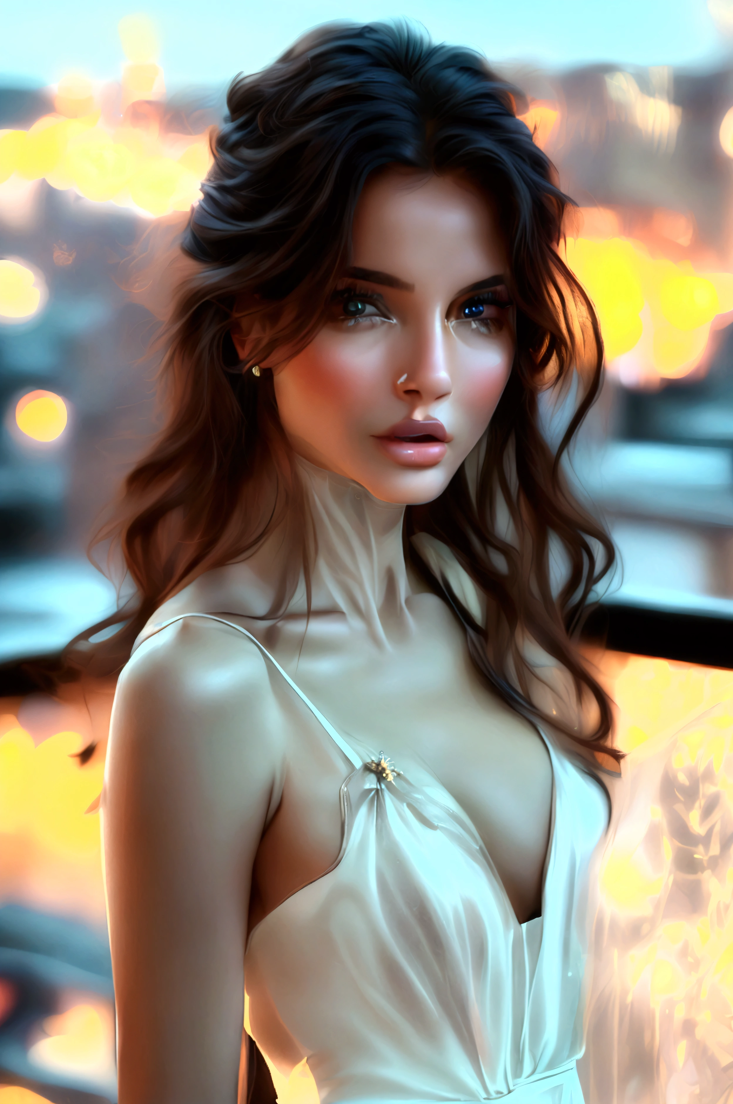 ((Best Quality, 8k, masterpiece :1.3)), whole body, sharp focus :1.2, A pretty woman with a perfect figure. :1.4, slim abs :1.2, ((Dark brown hair, big breasts :1.2)), sleeveless dress :1.1, (Night view of the city, modern balcony :1.1), Very detailed face and skin texture., detailed eyes, double eyelid