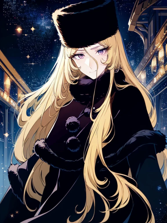 Maetel, Characters from Galaxy Express 999, very beautiful and Highly detailed face, (Wearing Long black ushanka[Russian hat]), Long eyelashes, Slightly droopy eyes, Kind and long brown eyes, Elegant mouth, and waist-length blonde[shiny flaxen color], look on face a lonely smile, Wearing a knee-length long-sleeved dress and a coat with a cape and fur around the neck cuffs and hem, All are unified in black color. (Medium size portrait:1.1, Maetel's face will appear in the center of the screen with like a Bleed into the background:1.1), 
BREAK,
(A fairytale steam locomotive running through the starry sky in space), Here and there the windows shine with yellow light, (Lots of beautiful stars, cosmic sky:1.1, Gradient Universe background:1.1, Colorful gradient of space nebula:1.1, Star Universe Gradient, Stardust), ((((surface is space:1.4)))), 
(detailed skin texture, detailed pupils, HDR), (narrow waist:1.1),((masterpiece)), (realistic anime), (High resolution, Best Quality, Super detailed)