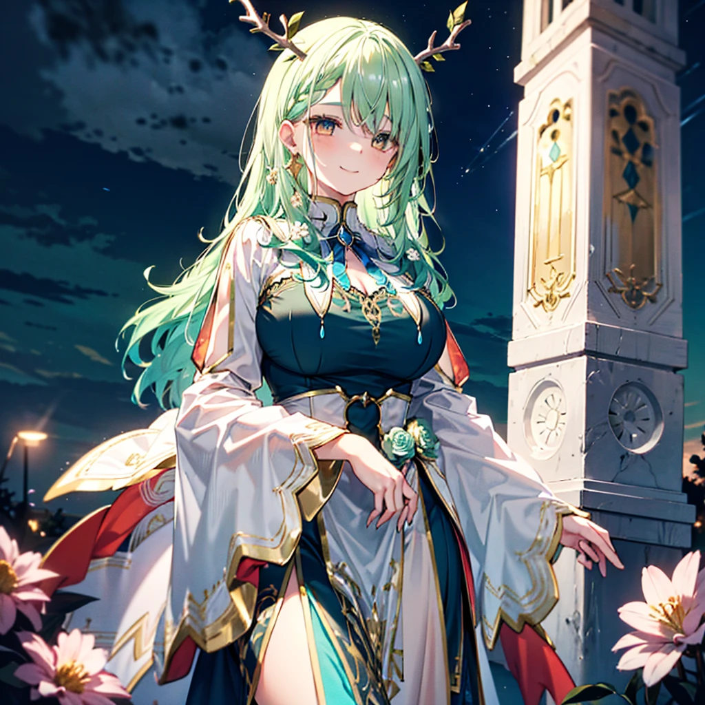 Young goddes with blue dress with golden details, antlers, golden eyes, green hair, flowers in hair, gently smile, beautiful gorest at night, storm at the distance, voluminous and curvy body, motherly vibes