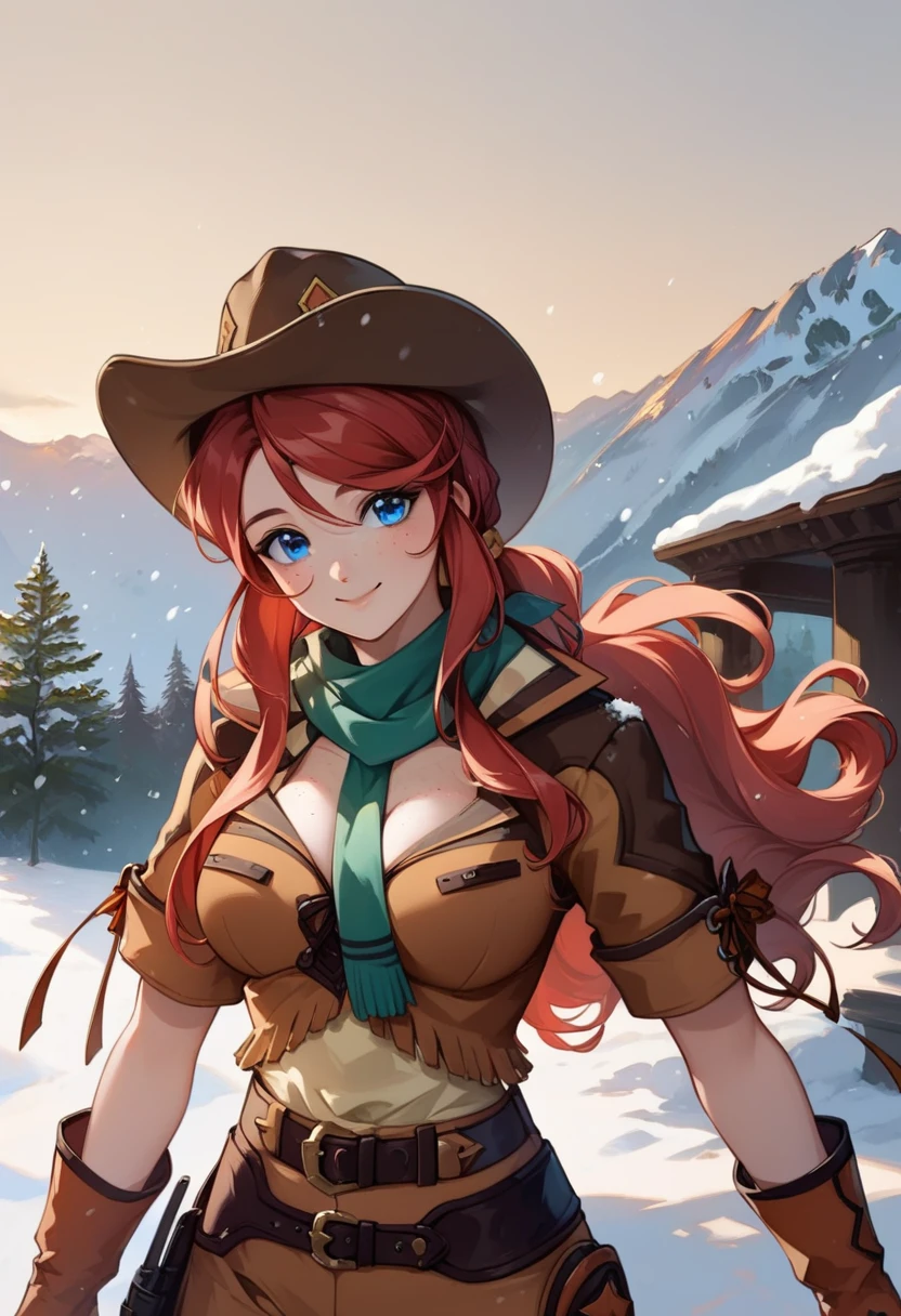 score_9, score_8_up, score_7_up, very aesthetic, source_anime, detailed, high quality, beautiful, masterpiece, detailed eyes,
outdoors, sunny weather, snow,
cowboy shot, upper body, smile, mouth closed,
gemini sunrise, red hair, long hair, blue eyes, freckles, sidelocks, big breasts, cleavage
belt, thigh strap, cowboy hat, cowboy boots, fringe trim, gloves, miniskirt, (gaiter scarf), zPDXL